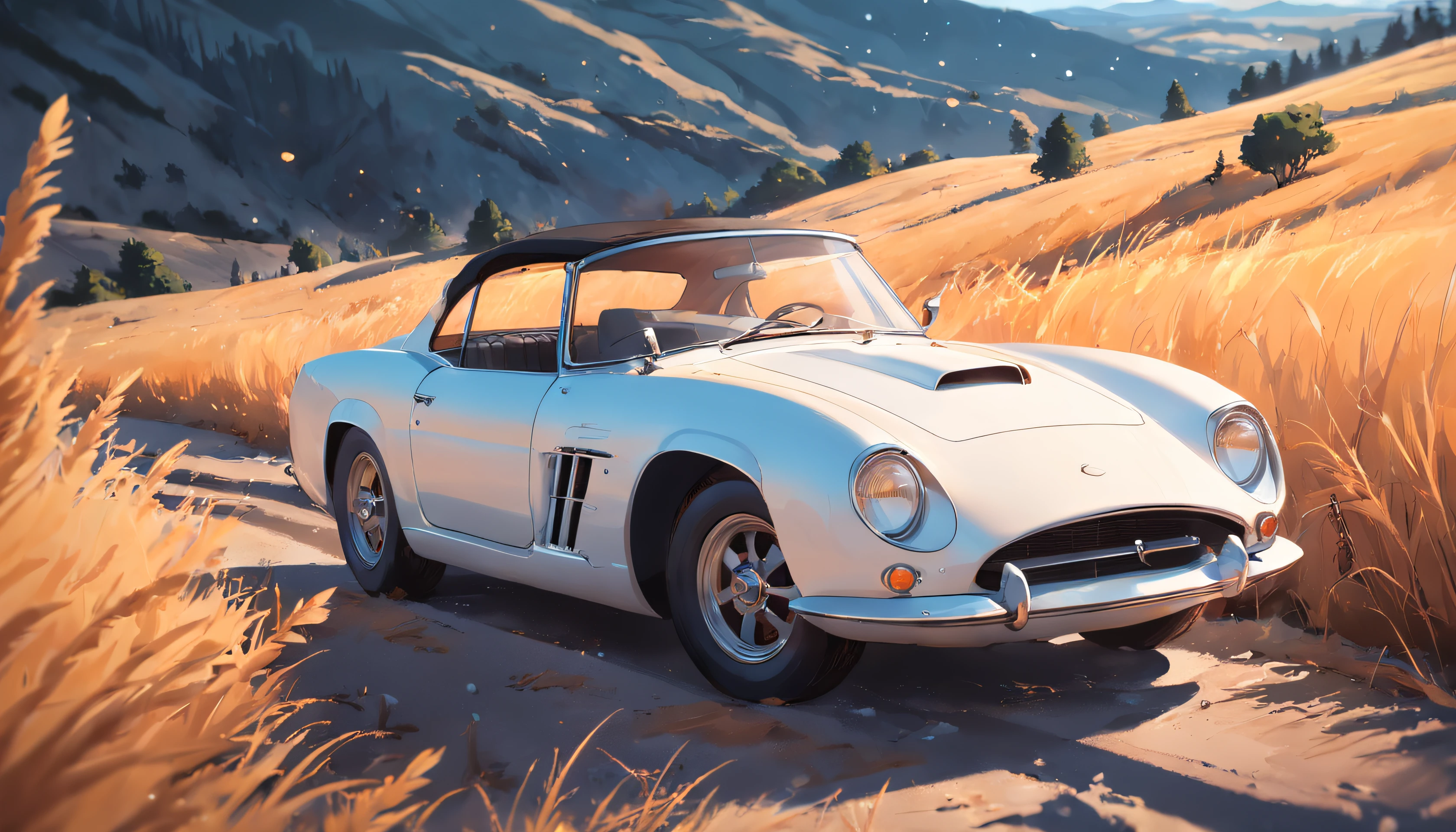 Create a compelling story that revolves around an old sports car parked on a rolling hill, Old Car, Weathered by time, Looking up at the starry sky. Interweave the surrounding landscape in detail, Pine aroma, (White antique sports car), And calm deserts, exposure blend, medium shot, Bokeh, (nffsw:1.4), High contrast, (Cinematic, Orange and white film), (Muted colors, dim colors, Soothing tones:1.3),
Low saturation, (hyperdetails:1.2), (Noir:0.4).