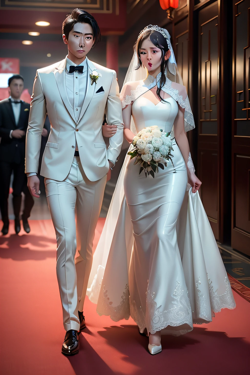 A young and beautiful Chinese woman wearing a white wedding dress on the arm of a handsome young Chinese man in a suit walking on the red carpet of the wedding hall, smooth and delicate skin, white and beautiful, 8K picture quality, complex, super detail, screen oriented, Unreal Engine 5 rendering, soft light, ray tracing, comic style, master masterpieces, animation, China, 8x anti-alialiation