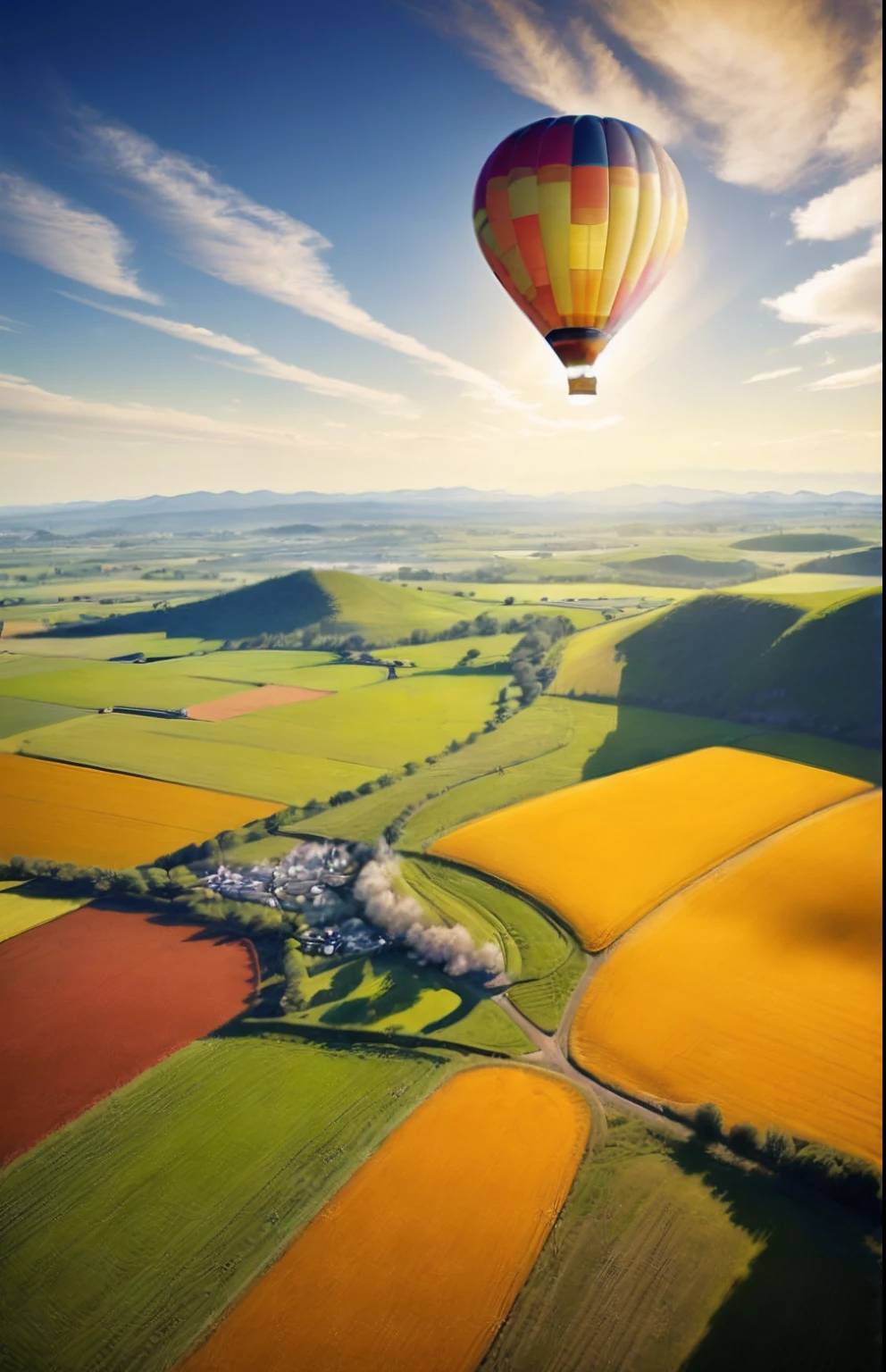 masterpiece, best quality, (realistic:1.3), beautiful girl flies over the countryside landscape on the balloon, sunshine, god ray, fractal art, crystallineAI, naked