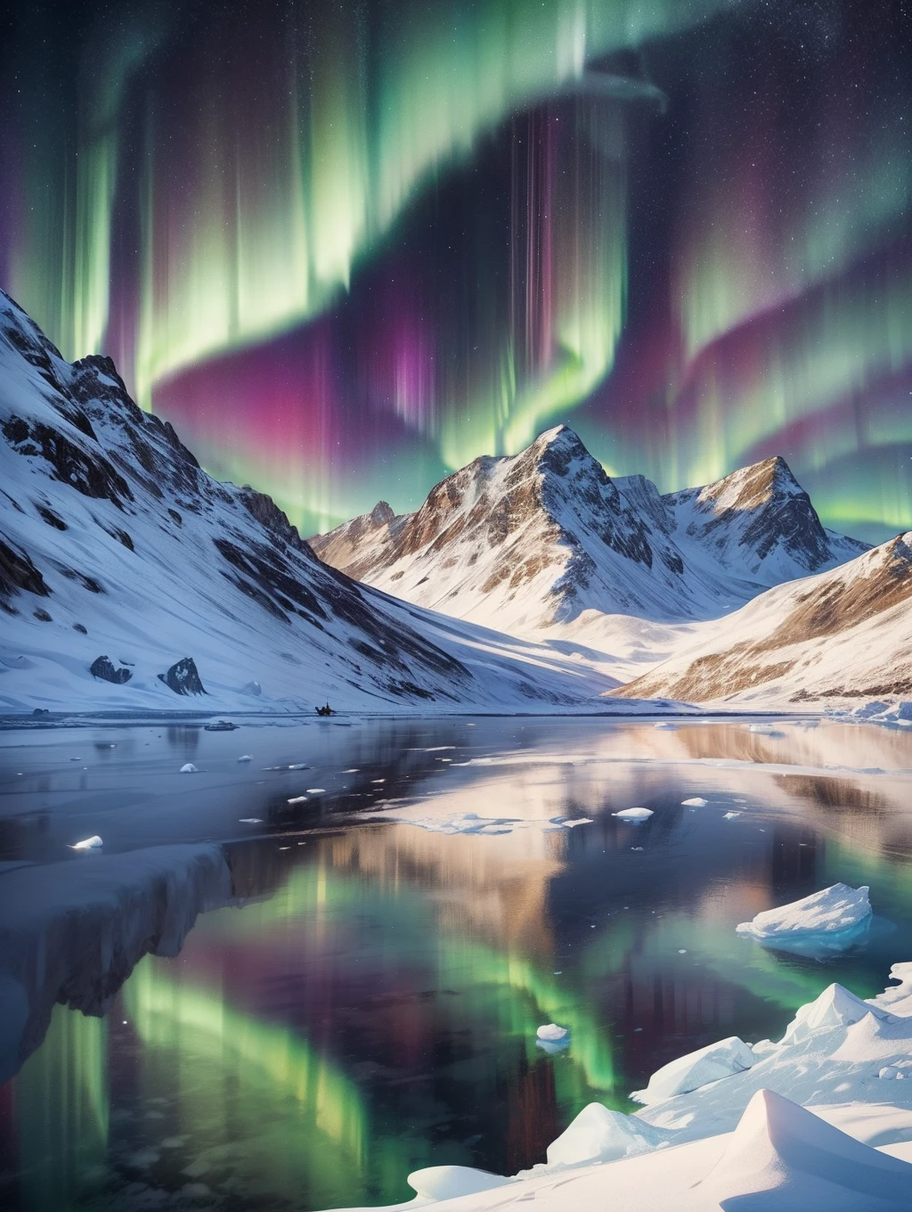 Best Quality, masutepiece, beautiful mature women、Beautiful face、Strong-minded woman、brown haired、Brown-eyed、Longhaire、Undersized eyes、Khaki winter clothes、((Arctic background))、Full body like、Enlarge the background、Aurora、Looking up at the Northern Lights、Make the sky bigger