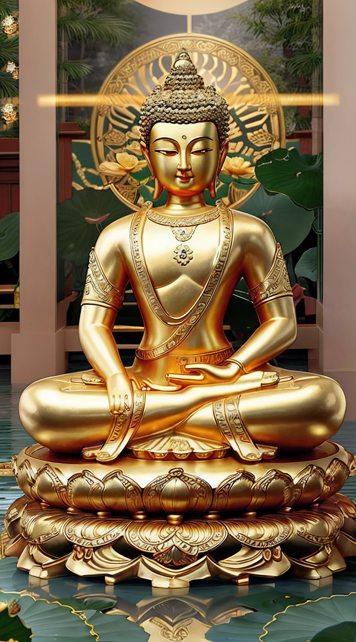 there is a statue of a buddha sitting on a lotus flower, a Buddhist Buddha, Buddhist, Buddha, Buddhism, beautiful gold saint, samsara, bodhisattva, buddhist art, attractive male deity, sculpture made of gold, Lotus, Beautiful image, Goddess. Extremely high detail, depicted as a 3 d render, gold, portrait shooting, immaculately detailed