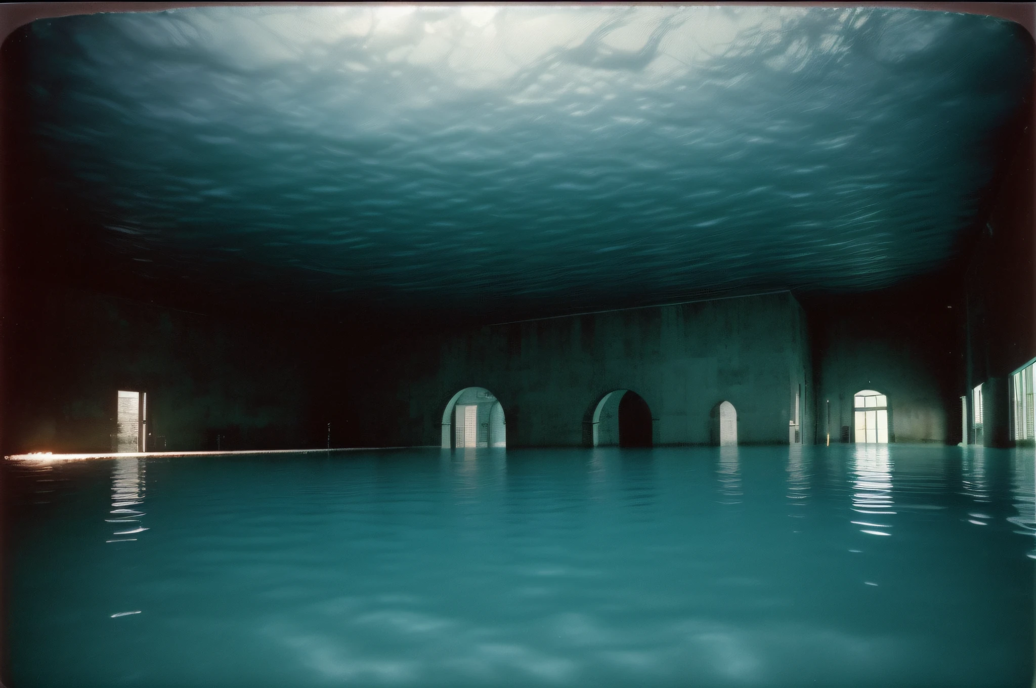 ((deep in the night、mid night、early dawn、In a dream、Images in a dream))、((Large fully tiled facility、3 large rooms、flooded、submersion、It's like a pool、Float is floating、3One Arch、A glimmer of light from the depths))、Nostalgic but unsettling photos、Images in a dream、horor、Pretty dark image、Grainy photo、Film Touch、color photograph、, Wide Shot, ultra wide-angle,