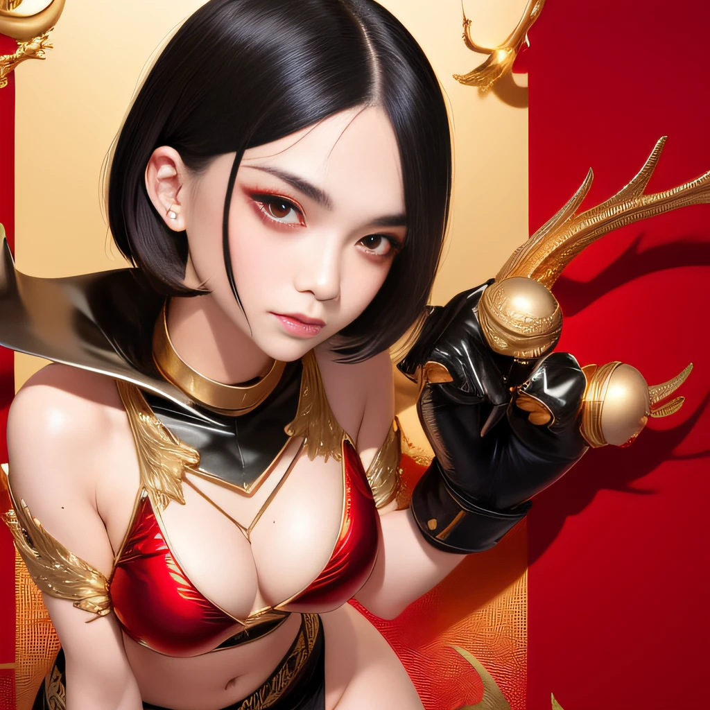 short detailed hair,In a chic,Gold antler close-up, Red and black cape,Coarse denim,Water vapor female spy,Rouge complexion,Sauna buttocks mist jelly flat chest,Golden wire fish net knee pads space jump,Bottom view,Wear boxing gloves,extremely happy,He Xiaotong