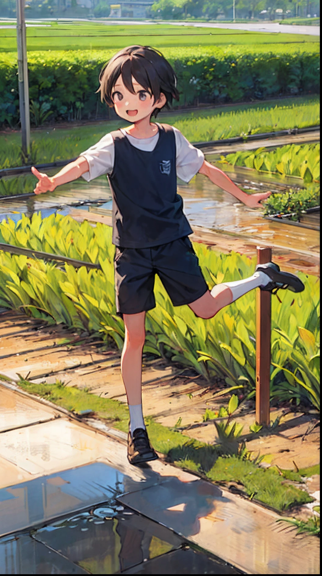 In the rice fields near Grandma's house、Draw the joy of children running on the field ridge to play、Summer vacation、Countryside、The world of Studio Ghibli
