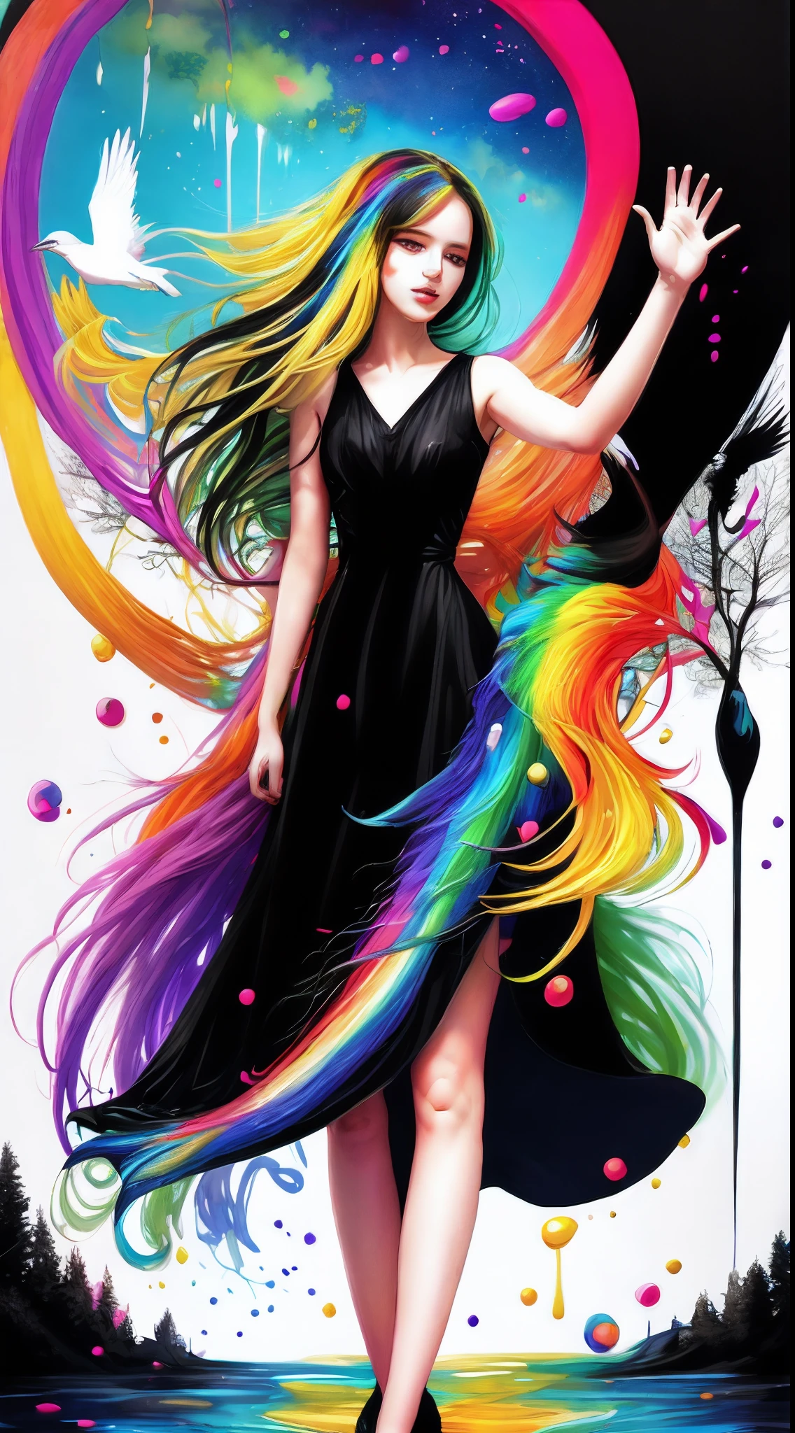 abstract art, colourful, vibrant colours, girl, rainbow, spilled paint, art, girl, hand up, waving hair, painting, trees, bird, girl in black dress, water, mixed colours, beautiful, abstract, illustration, fantasy