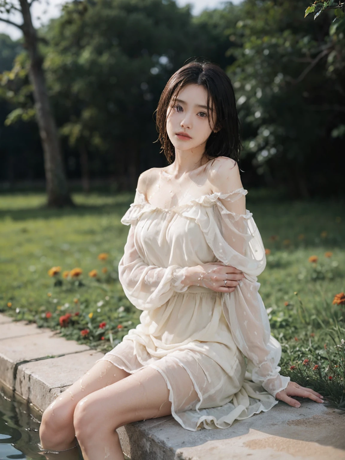 ((of the highest quality, 8K, masutepiece: 1.3, RAW photo)), Sharp focus: 1.2, (1 aespa girl :1.1), Solo, (Realistic, Photorealistic: 1.37), (Face focus: 1.1), Cute face, com rosto detalhado, brunette short messy hair, Small smile, Slender, Wet body, (Wet off-the-shoulder chiffon dress: 1.2), upper legs, Sitting, sonoko, rain, flower, dahlia flower,huge tit,