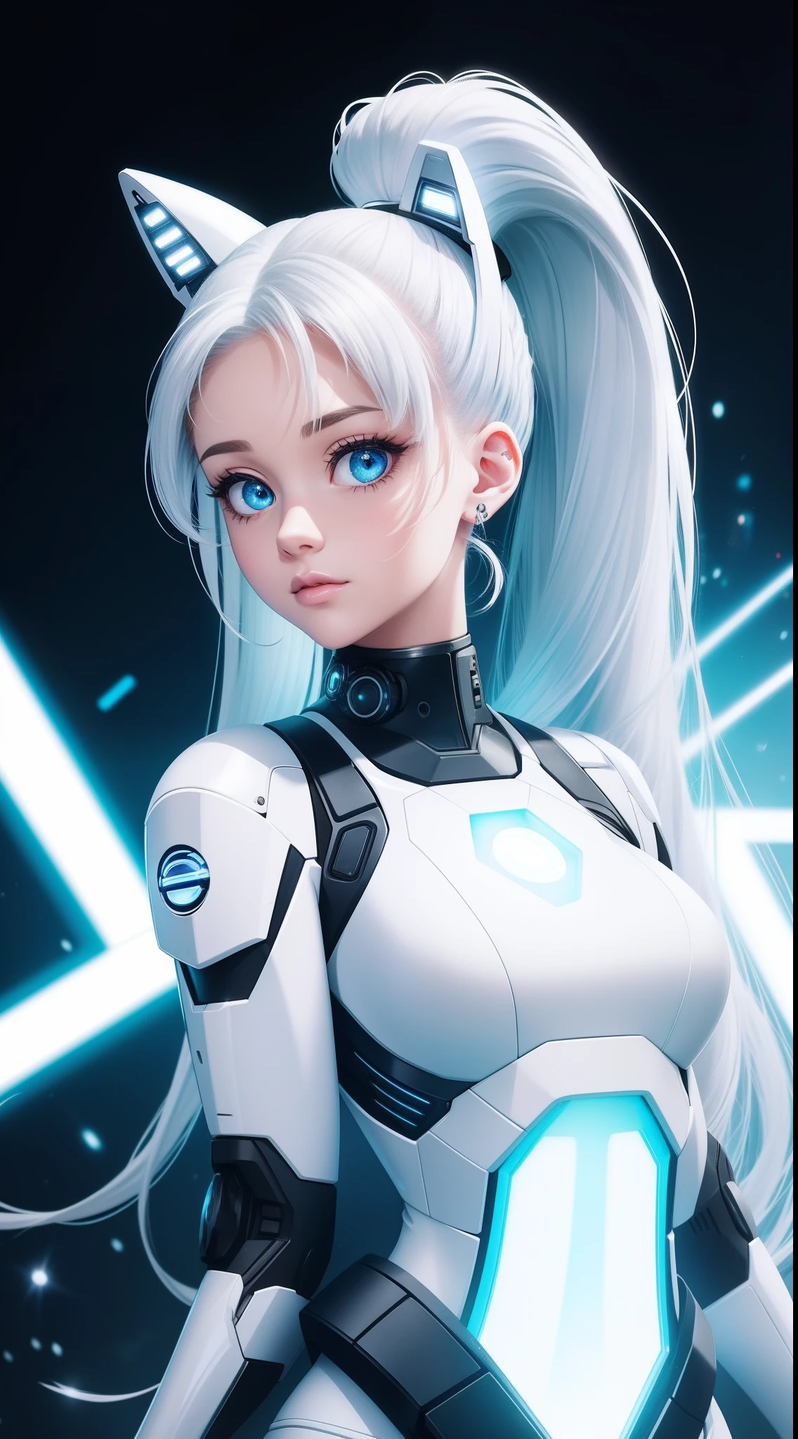 Full body cyber girl with a ponytail. Ariana Grande's face. Bright white color to show she's a cyber girl whit laser rifle. white eyebrows. clothing like catsuit. She also has bright blue eyes. The environment is terminator like. Hair is platina. She is lit with the bright blue color on one side of her face. Led like. And both hands have the led light too.