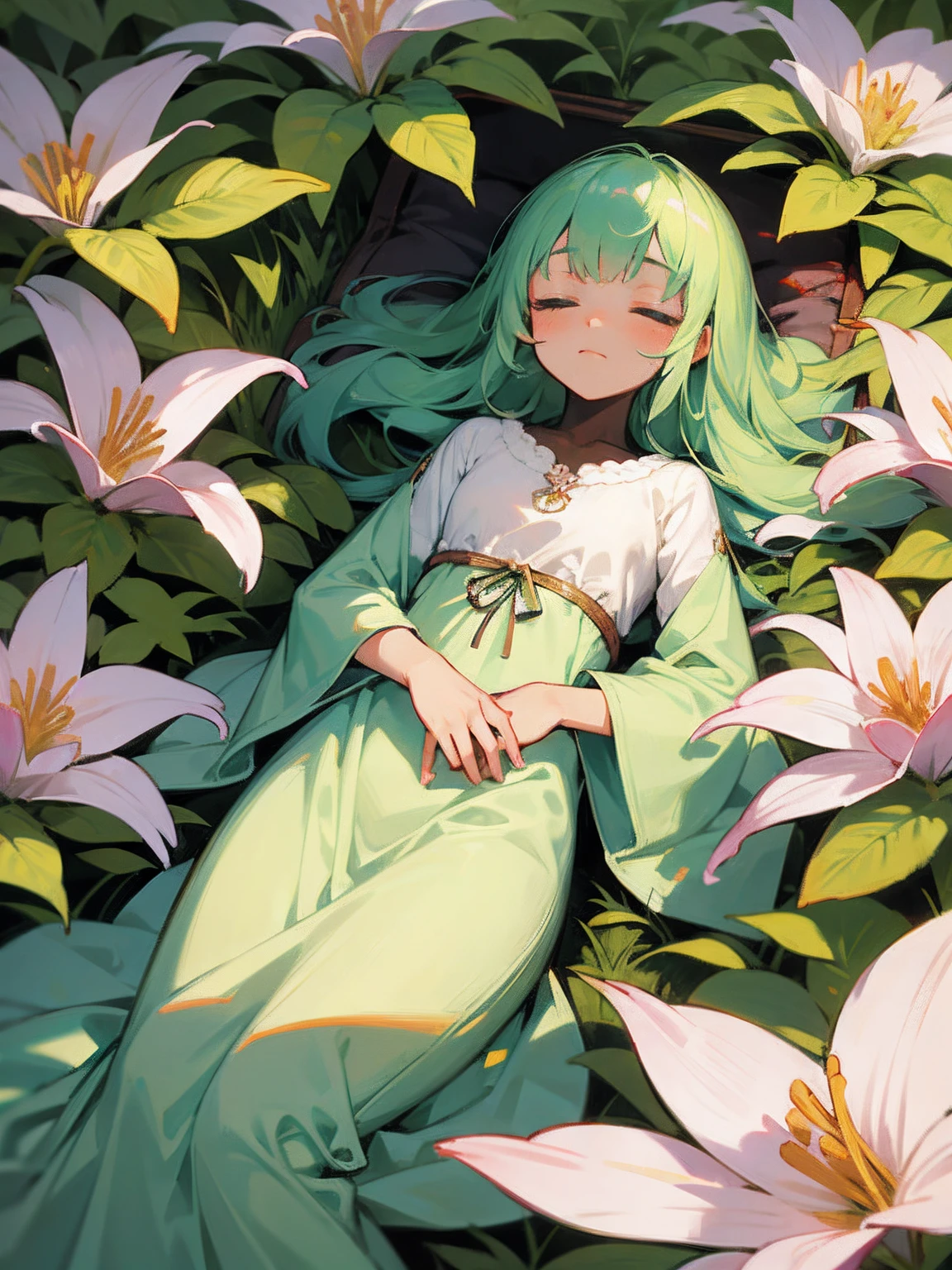 "A tranquil scene unfolds as the lifeless body of a young girl peacefully rests amongst a bed of vibrant flowers, her eyes gently closed."