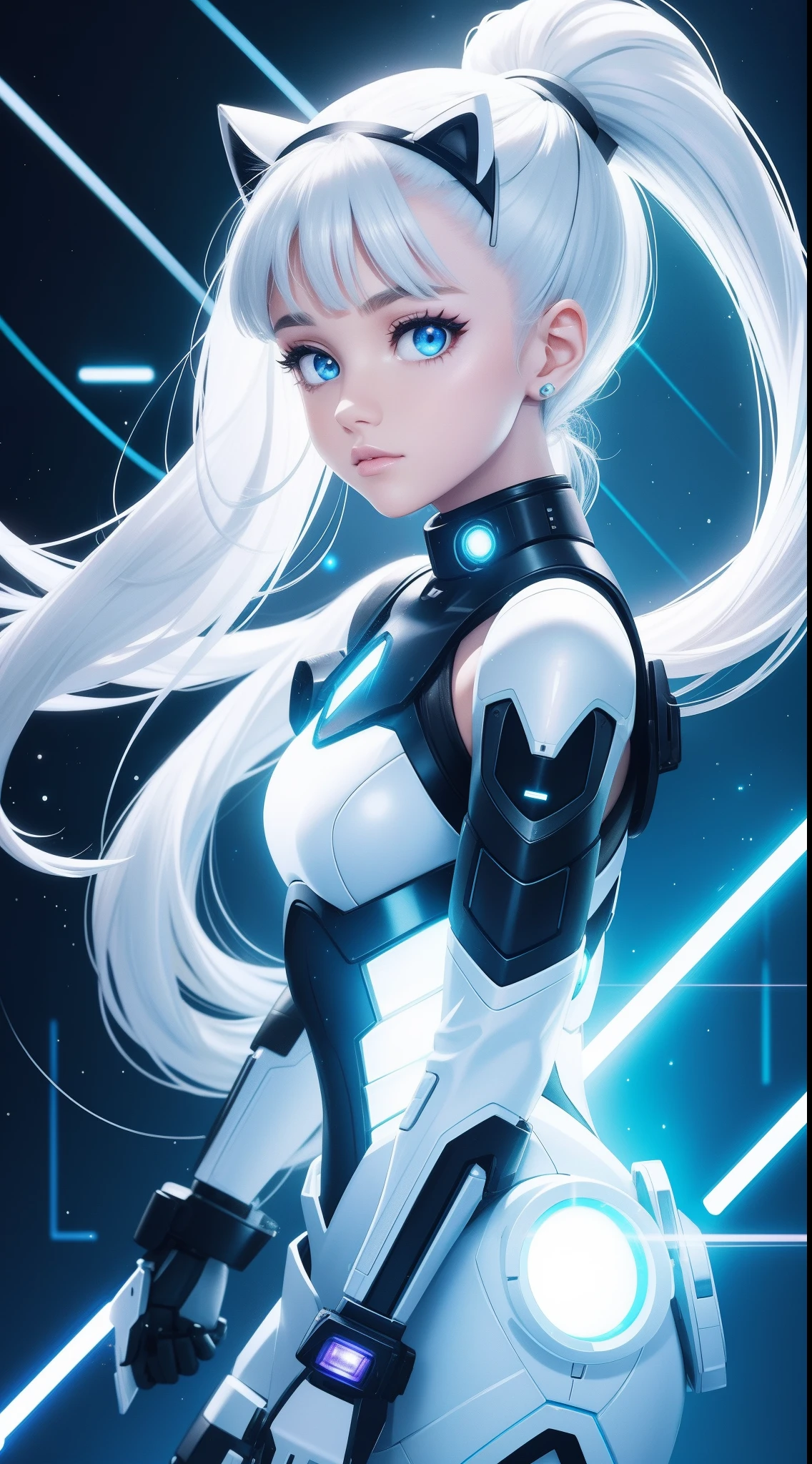 Full body internet girl with ponytail. Ariana Grande's face. Bright white indicates that she is a cyber girl with a white laser rifle. White eyebrows. Clothes like cat outfits. She also has bright blue eyes. The environment is similar to a terminator. The hair is platinum blonde. One side of her face was illuminated by bright blue. Like LEDs.  And both hands also have LED lights.