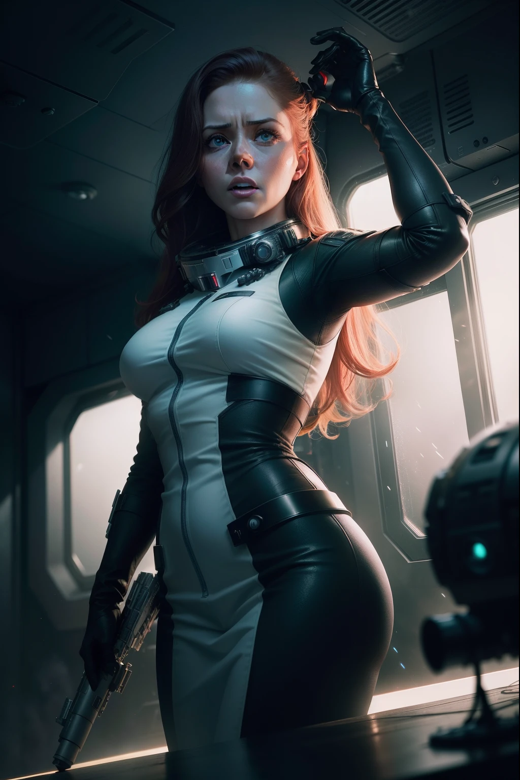 Hot terrified Amy Adams as a Scientist holding a sci fi blaster on Ishimura Horror Space Ship photography, natural light, photorealism, cinematic rendering, ray tracing, the highest quality, the highest detail, Cinematic, Third-Person View, Blur Effect, Long Exposure, 8K, Ultra-HD, Natural Lighting, Moody Lighting, Cinematic Lighting