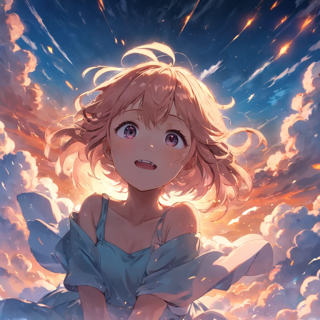 masterpiece, best quality, movie still, 1girl, cloud girl, floating in the sky, close-up, bright, happy, warm soft lighting, sunset, (sparks:0.7)