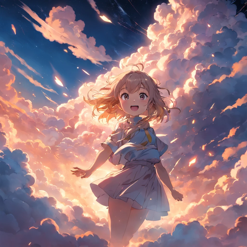 masterpiece, best quality, movie still, 1girl, cloud girl, floating in the sky, close-up, bright, happy, warm soft lighting, sunset, (sparks:0.7)