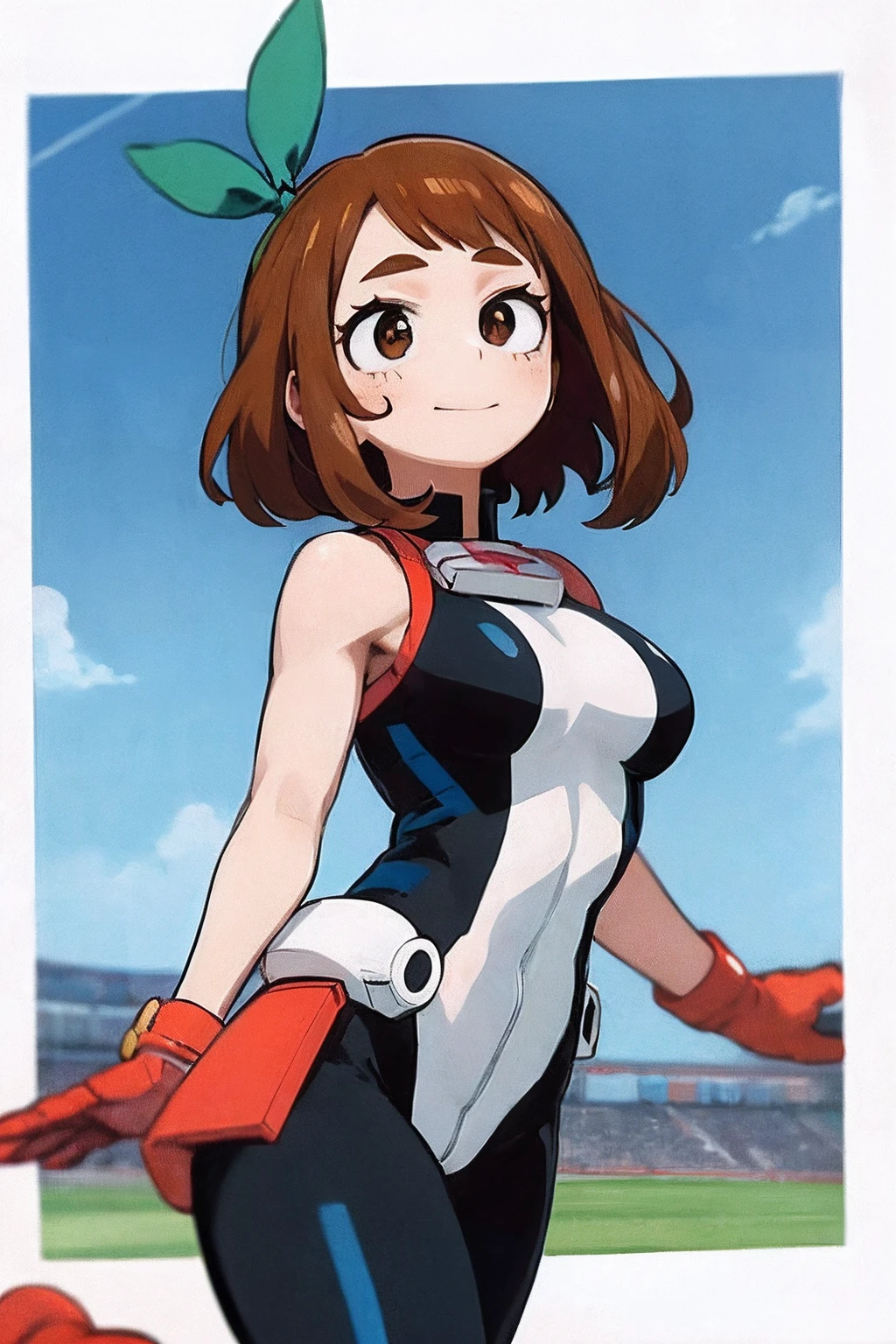 1girl, cowboy shot,
brown hair, brown eyes, short hair, light smile, blush stickers, uraraka ochako,
superhero uniform, black and white bodysuit, boots,
looking at viewer
solo, cowboy shot, medium breasts, looking at viewer,
BREAK
stadium, blue cloudy sky, field