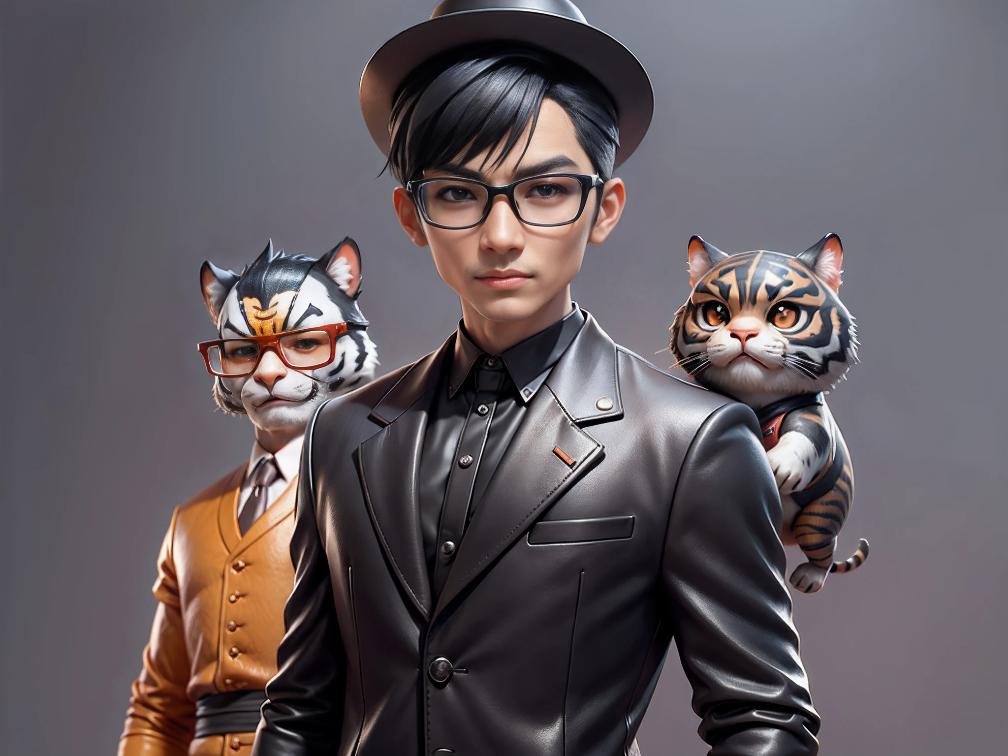 Young man with oriental face in leather hat, tiger, oriental face in formal suit, short black hair, silver glasses, digital painting, 3D character design by Mark Clairedon and Pixar and Hayao Miyazaki and Akira Toriyama, the illustration is a high-definition illustration in 4K resolution with very detailed facial features and cartoon-style visuals.