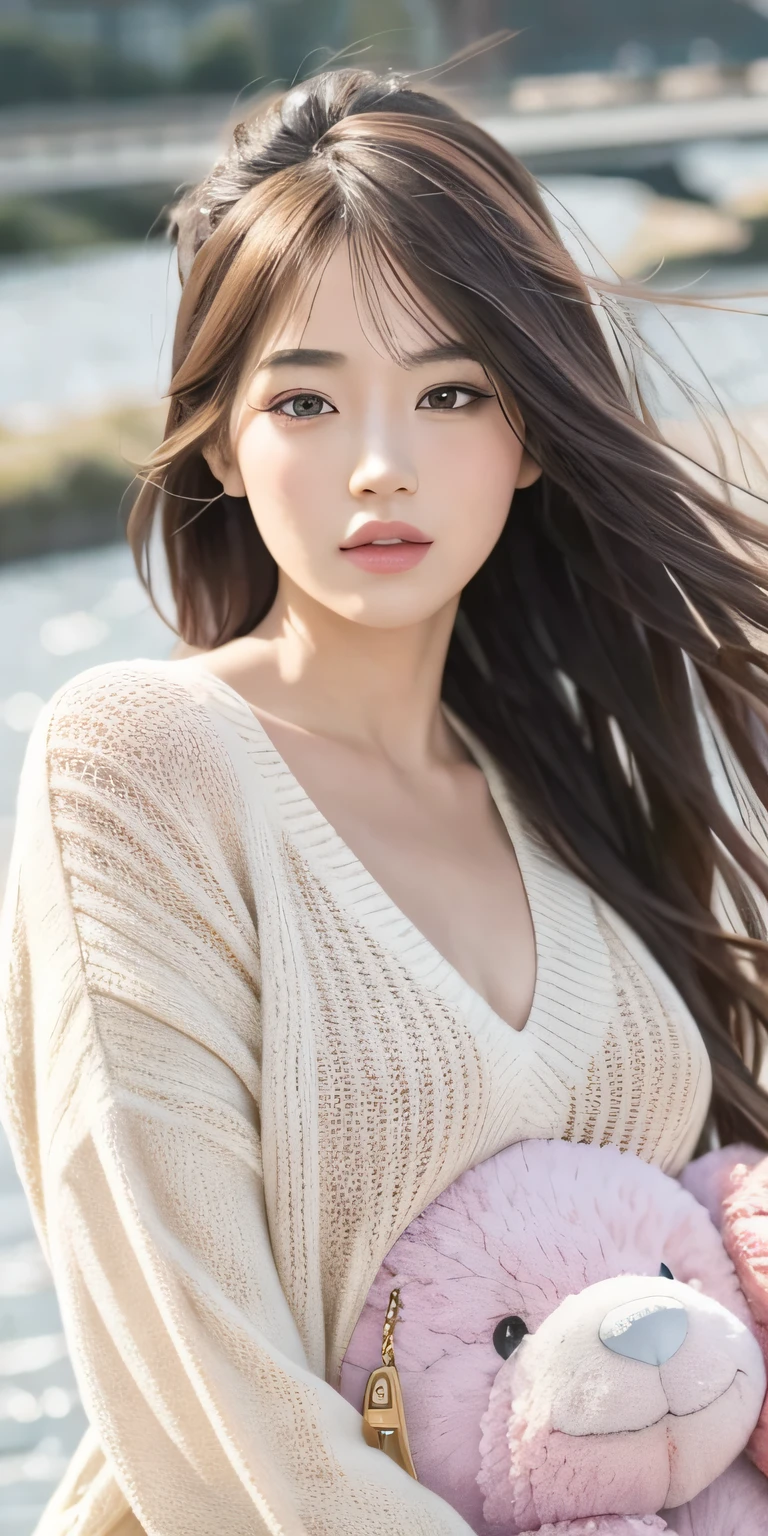 1girl walking on the river, mix4, sweater, pillow, lips, open_mouth, realistic, photo_\(medium\), solo, stuffed_animal, stuffed_toy, teddy_bear,(masterpiece),(photorealistic:1.3), ultra-detailed, (high detailed skin:1.2),(best quality:1.0), (ultra highres:1.0), (ulzzang-6500:0.3), wavy detailed hair, long hair, sunshine, (beautiful detailed makeup), (sexually aroused blushing heavy breathing:1.0), floral theme flower petals scattered, (soft glow bloom:0.5)