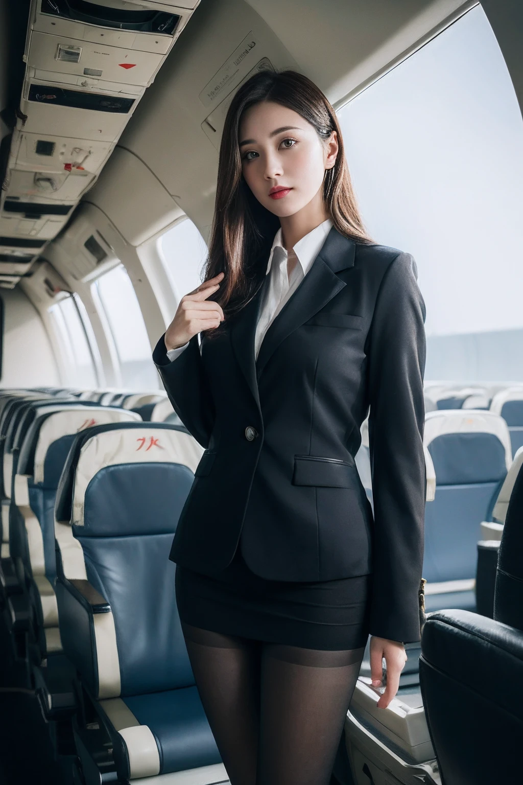 best quality, masterpiece, 8k, ultra high res, (photorealistic:1.4), highly detailed, intricate detail, delicate and beautiful, good lighting, professional lighting, sharp focus, detailed shadows, exquisite details and textures, depth of field, unity 8k wallpaper, cinematic composition, cinematic lighting, official art, Cabin Crew, flight attendant, black pantyhose, (aircraft, (Aircraft Corridor), Aircraft seats) beautiful elegant face, detailed face, detailed eyes, realistic hair, long hair, (1girl), (standing:1.3),