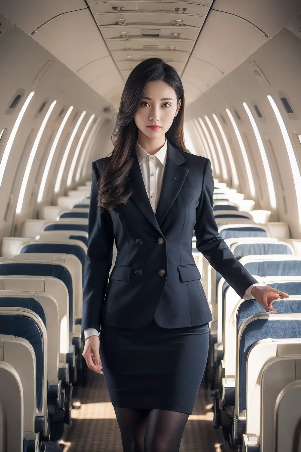 best quality, masterpiece, 8k, ultra high res, (photorealistic:1.4), highly detailed, intricate detail, delicate and beautiful, good lighting, professional lighting, sharp focus, detailed shadows, exquisite details and textures, depth of field, unity 8k wallpaper, cinematic composition, cinematic lighting, official art, Cabin Crew, flight attendant, black pantyhose, (aircraft, (Aircraft Corridor), Aircraft seats) beautiful elegant face, detailed face, detailed eyes, realistic hair, long hair, (1girl), (standing:1.3),