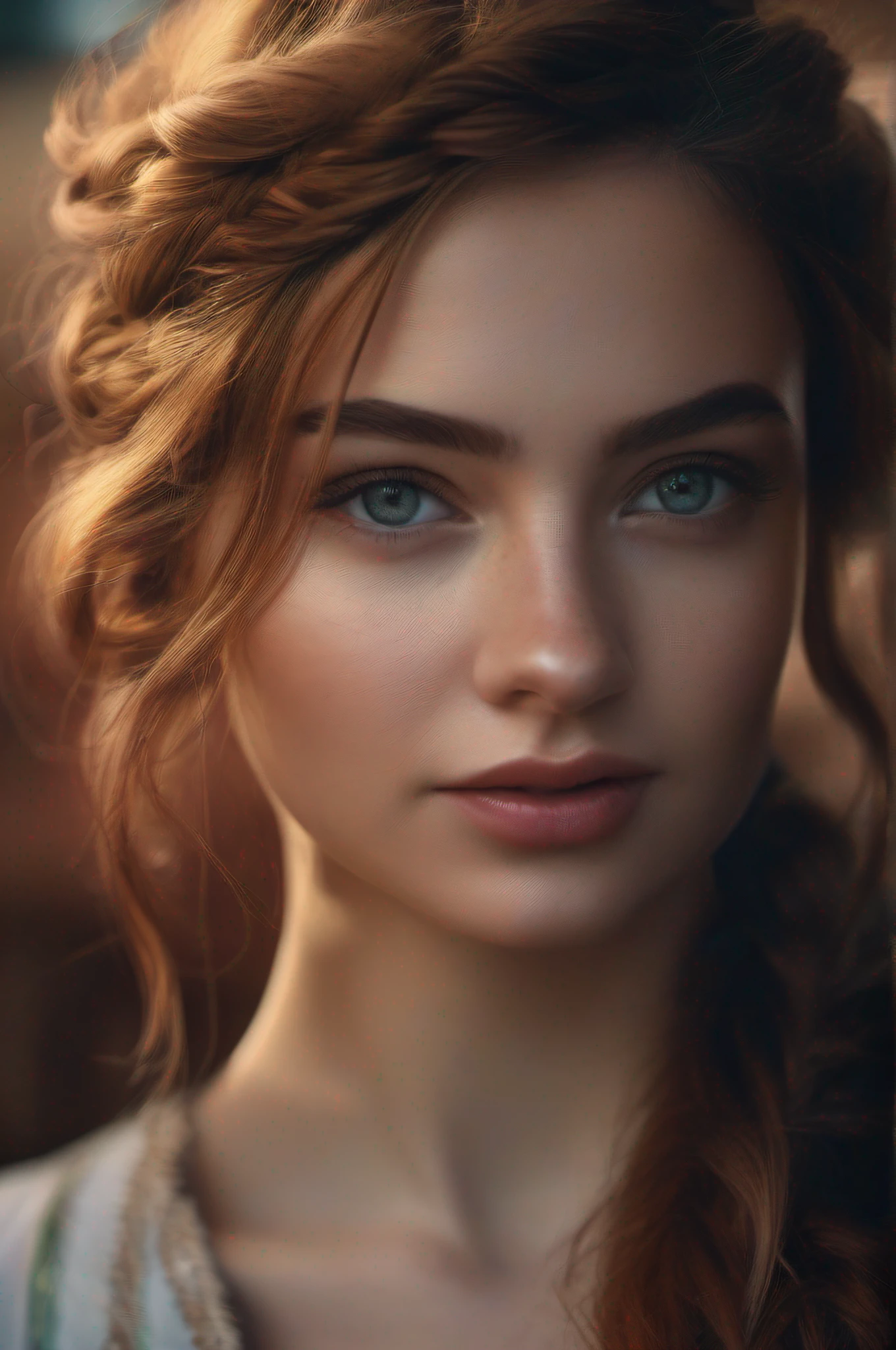 portrait of pretty young woman, freckles, brown hair, braid, hair behind ear, raised eyebrows, wide eyes, light smile, parted lips, Canon, cinematic lighting, masterpiece, 8k