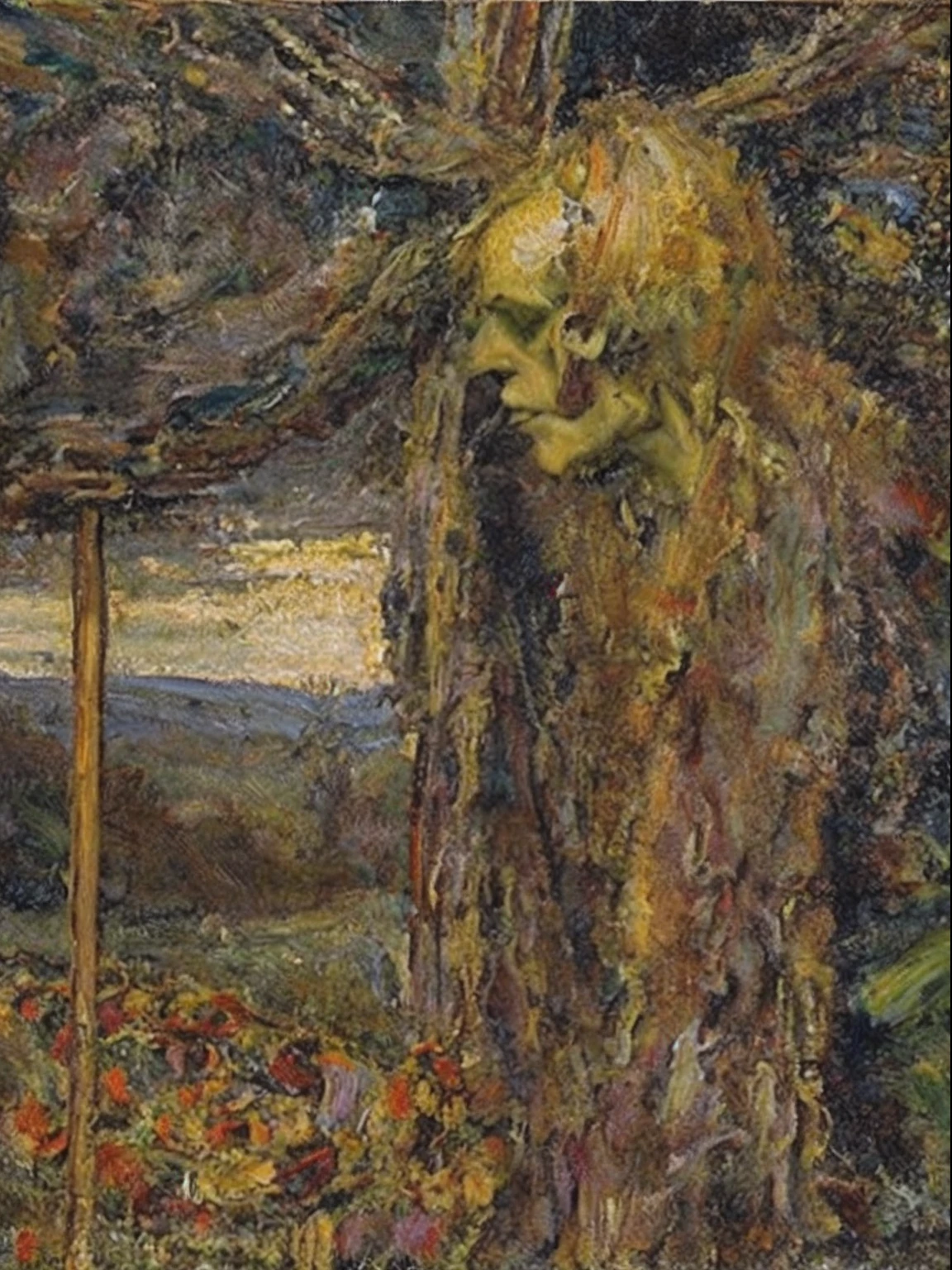 (((pre-raphaelite paintings))) A dead man's head was strung to a stake, Celtic landscape, Autumn and gold tones