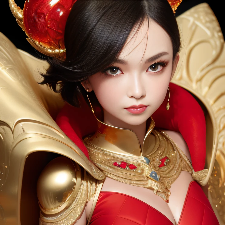 short detailed hair，In a chic，Gold antler close-up, Red and black cape，Coarse denim，Water vapor female spy，Rouge complexion，Sauna buttocks mist jelly flat chest，Golden wire fish net knee pads space jump，Bottom view，Wear boxing gloves，extremely happy，He Xiaotong