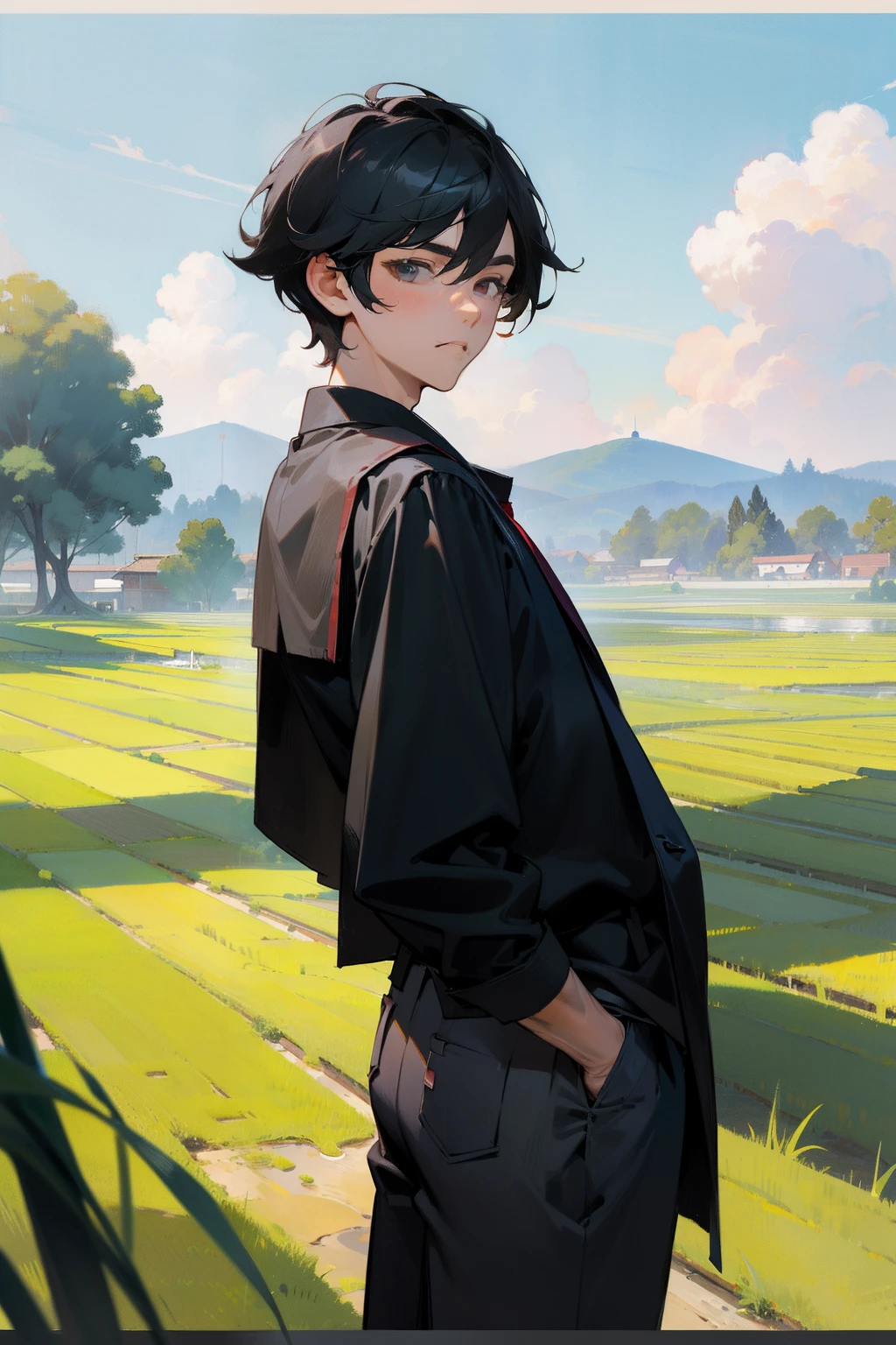 tmasterpiece,Need,Libido boy,Extremely handsome,Need,Black shirt,super-fine,Need,Need,with short black hair,short detailed hair,Lunette de soleil,Male celebrities,A high resolution,Need,Libido boy,Need,illustratio, hand on pockets,looking at viewert,college aged,blue-sky,baiyun,ricefield,straw,canvas, oil painted, Realistic, Realist,Real,