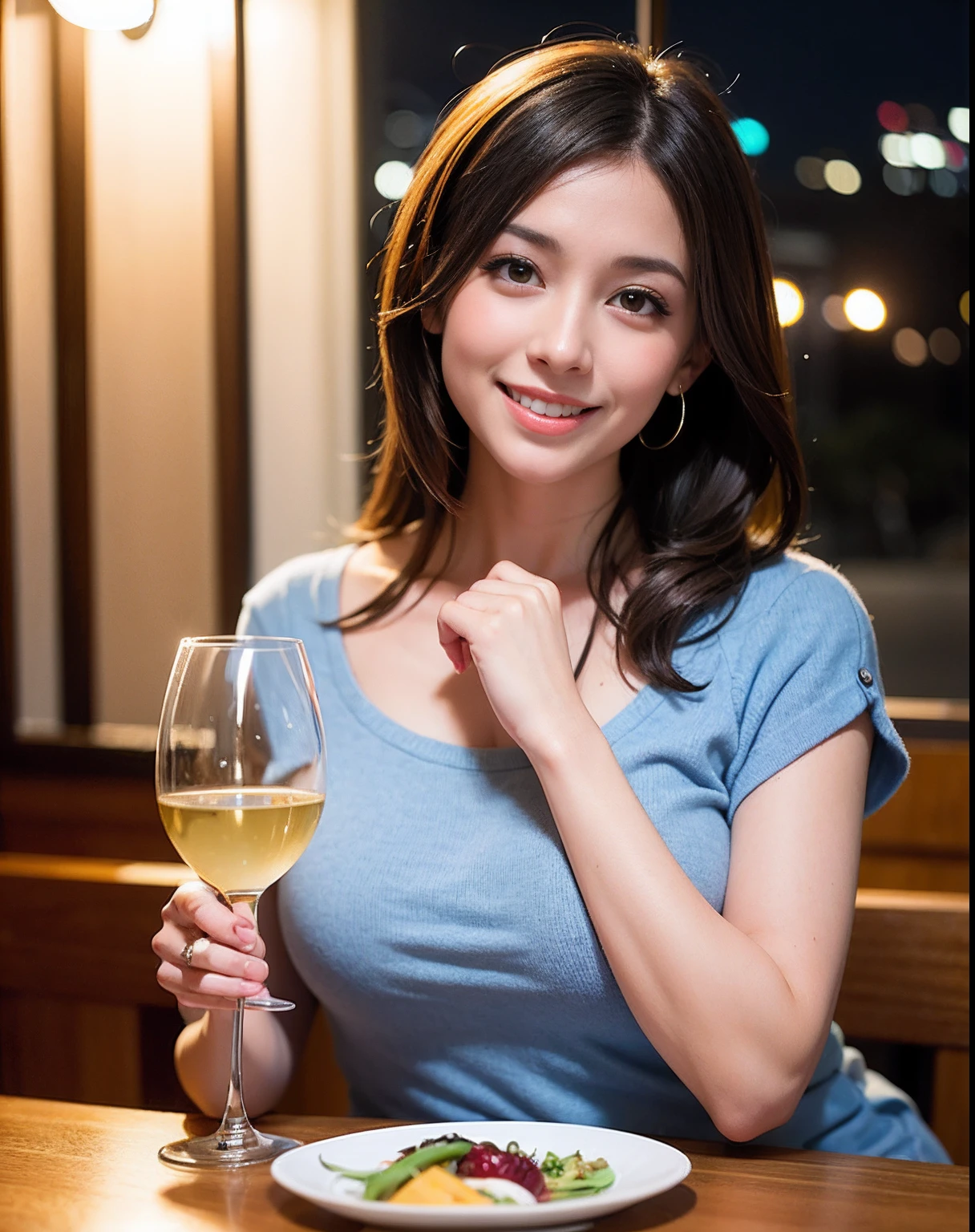 (64K, UHD, top quality, masterpiece: 1.2), (realistic, photorealistic: 1.37), super detailed, pretty woman 1 person, (slim face), (slim body), (brown hair), (short cut), cheeks slightly blushing, (44 years old), 38 years old, solo, beautiful detailed urban night view outside the window, restaurant, wine glasses sit, at night, in a prominent placeNovaFrogStyle, Actress, Model, Waist Up, White Wine, Slim, Wine Glass, Super Clean Night View, Wine Glass Put in the Middle, Happy Smile, (Smile: 1.15), Beautiful Fine Eyes, Upper Body, Bust Japan Up, Night, Short, Short, Actress, Model, Waist Up, White Wine, Slim, Wine Glass, Super Clean Night View, Wine Glass Put in the Middle, Happy Smile,