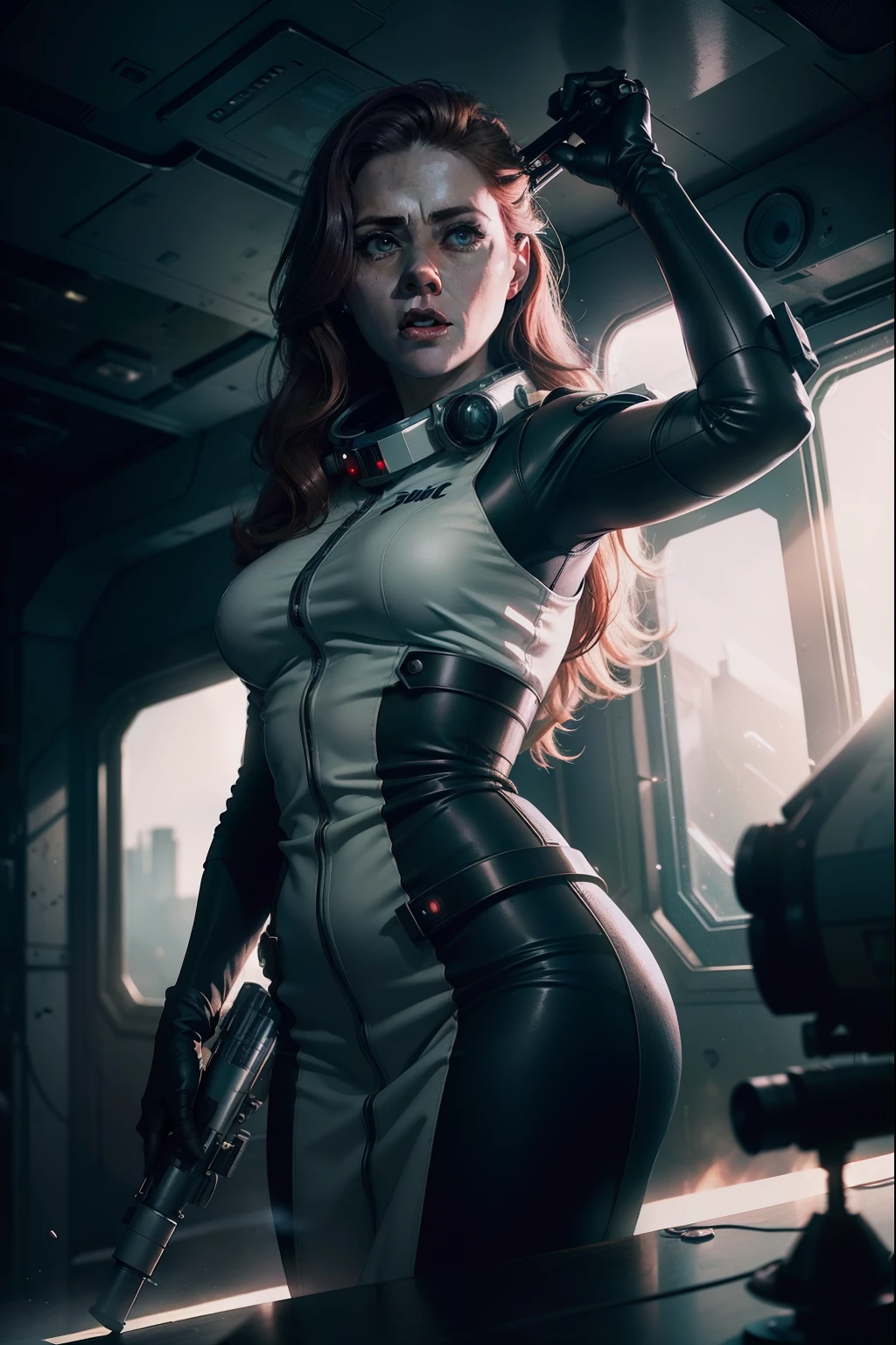 Hot terrified Amy Adams as a Scientist holding a sci fi blaster on Ishimura Horror Space Ship photography, natural light, photorealism, cinematic rendering, ray tracing, the highest quality, the highest detail, Cinematic, Third-Person View, Blur Effect, Long Exposure, 8K, Ultra-HD, Natural Lighting, Moody Lighting, Cinematic Lighting