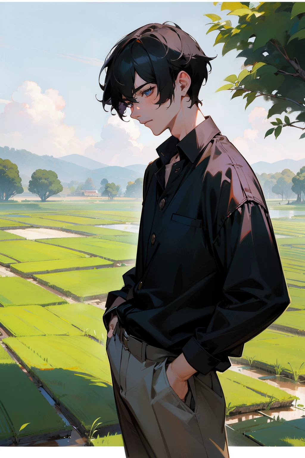 tmasterpiece,Need,Libido boy,Extremely handsome,Need,Black shirt，super-fine,Need,Need,with short black hair,short detailed hair,Lunette de soleil，Male celebrities，A high resolution,Need,Libido boy,Need,illustratio, hand on pockets，looking at viewert，college aged，blue-sky，baiyun，ricefield，straw，canvas, oil painted, Realistic, Realist,Real,