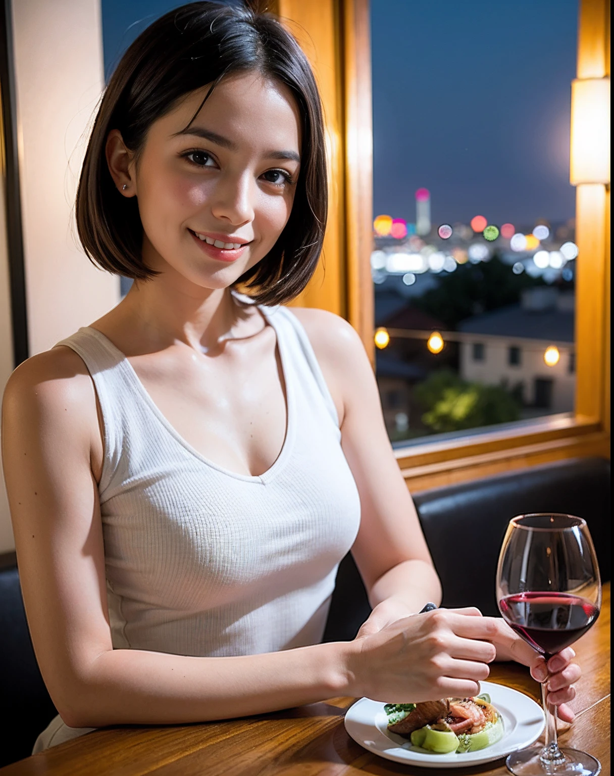(64K, UHD, top quality, masterpiece: 1.2), (realistic, photorealistic: 1.37), super detailed, pretty woman 1 person, (slim face), (slim body), (brown hair), (short cut), cheeks slightly blushing, (44 years old), 38 years old, solo, beautiful detailed urban night view outside the window, restaurant, wine glasses sit, at night, in a prominent placeNovaFrogStyle, Actress, Model, Waist Up, White Wine, Slim, Wine Glass, Super Clean Night View, Wine Glass Put in the Middle, Happy Smile, (Smile: 1.15), Beautiful Fine Eyes, Upper Body, Bust Japan Up, Night, Short, Short, Actress, Model, Waist Up, White Wine, Slim, Wine Glass, Super Clean Night View, Wine Glass Put in the Middle, Happy Smile,