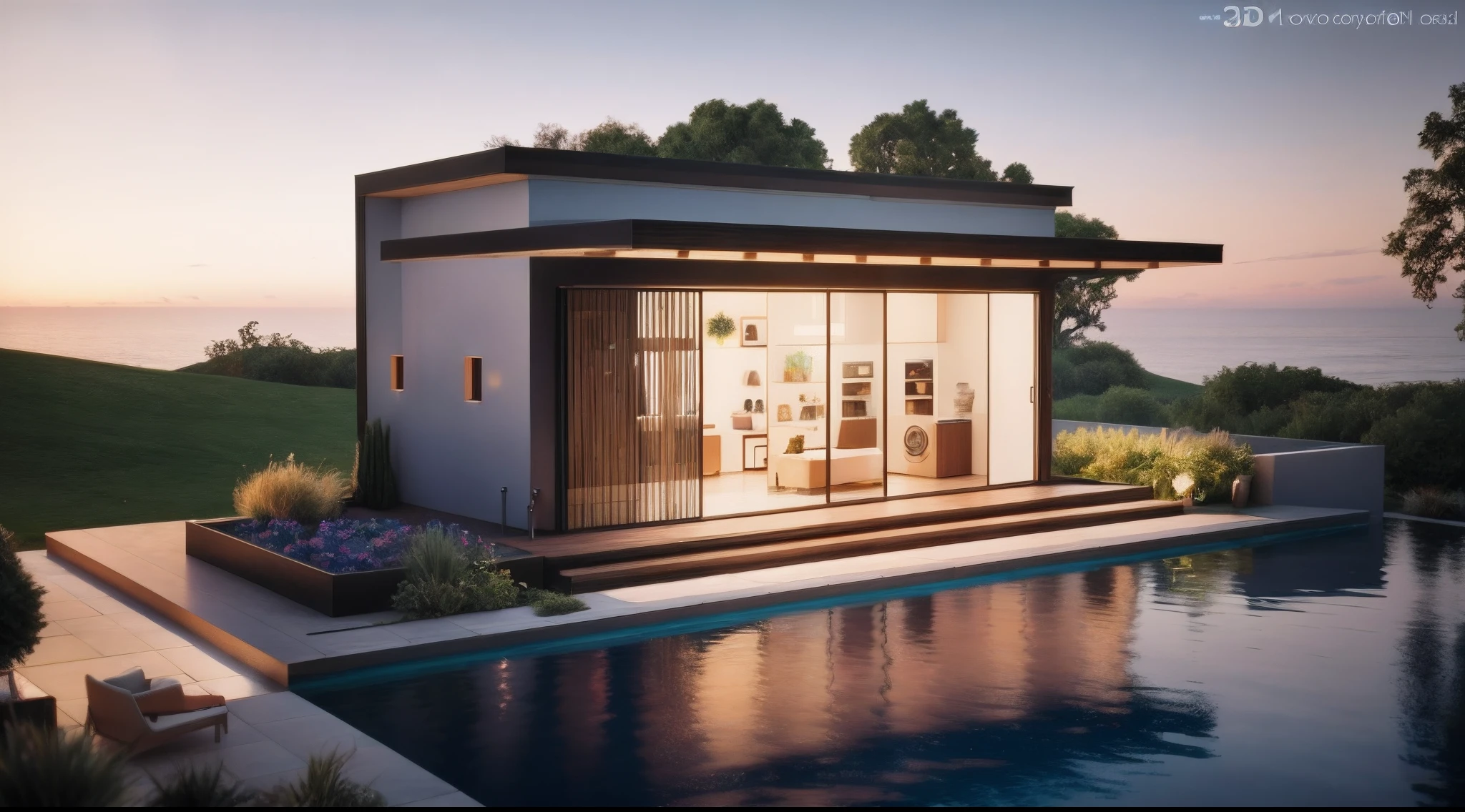 a rendering of a small modern house with a pool, concept house, rendered 3d model, 3 d renders, 3 d rendering, 3d rendering, 3 - d render, architectural concept, rendered, sketch - up, detailed rendering, pre-rendered, with 3d render, with 3 d render, 3d rendered model, 3/4 view realistic