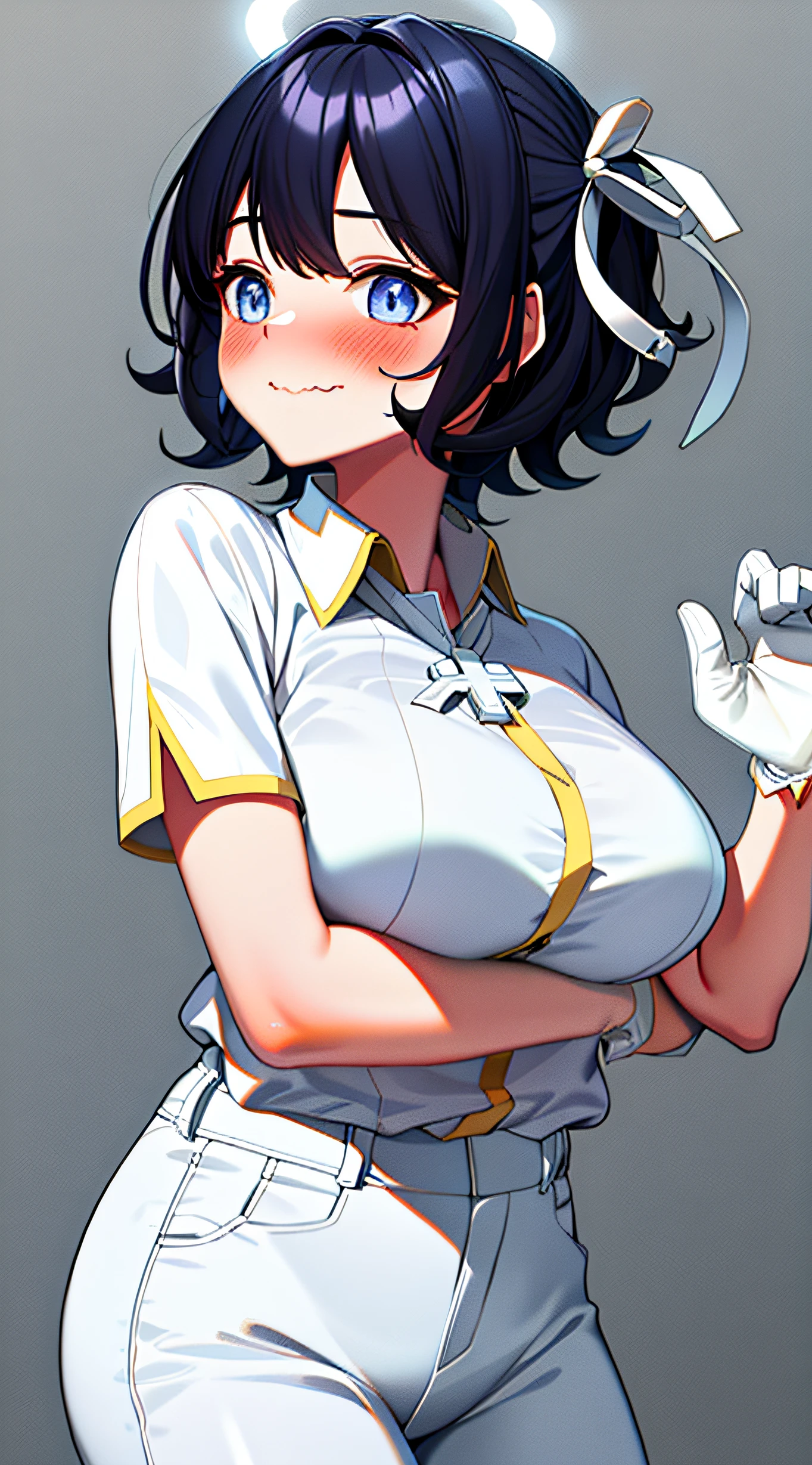 Masterpiece, Best quality, 1girll, ribbon, Halo, Blue eyes, 鎖骨, White ribbon, White gloves, Smile, Cross, Sweat, shirt, Collared shirt, Black hair, Short hair, Short sleeves, Pants,Large breasts, Blush, Hair ribbon, view the viewer, White shirt, mitts, (wavy mouth), Simple background,