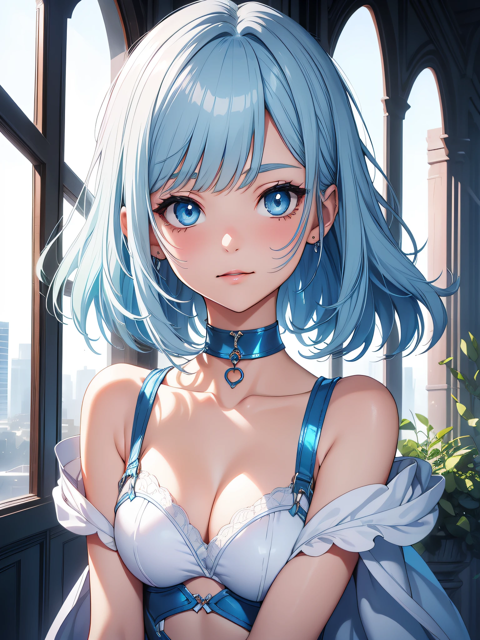 Official art、Top quality ultra-detailed CG art、a beauty girl:1.2)、lightblue hair、Glossy hair、smooth hair、large blue eyes、kawaii、bob cuts、Pink choker、white suit、ssmile、