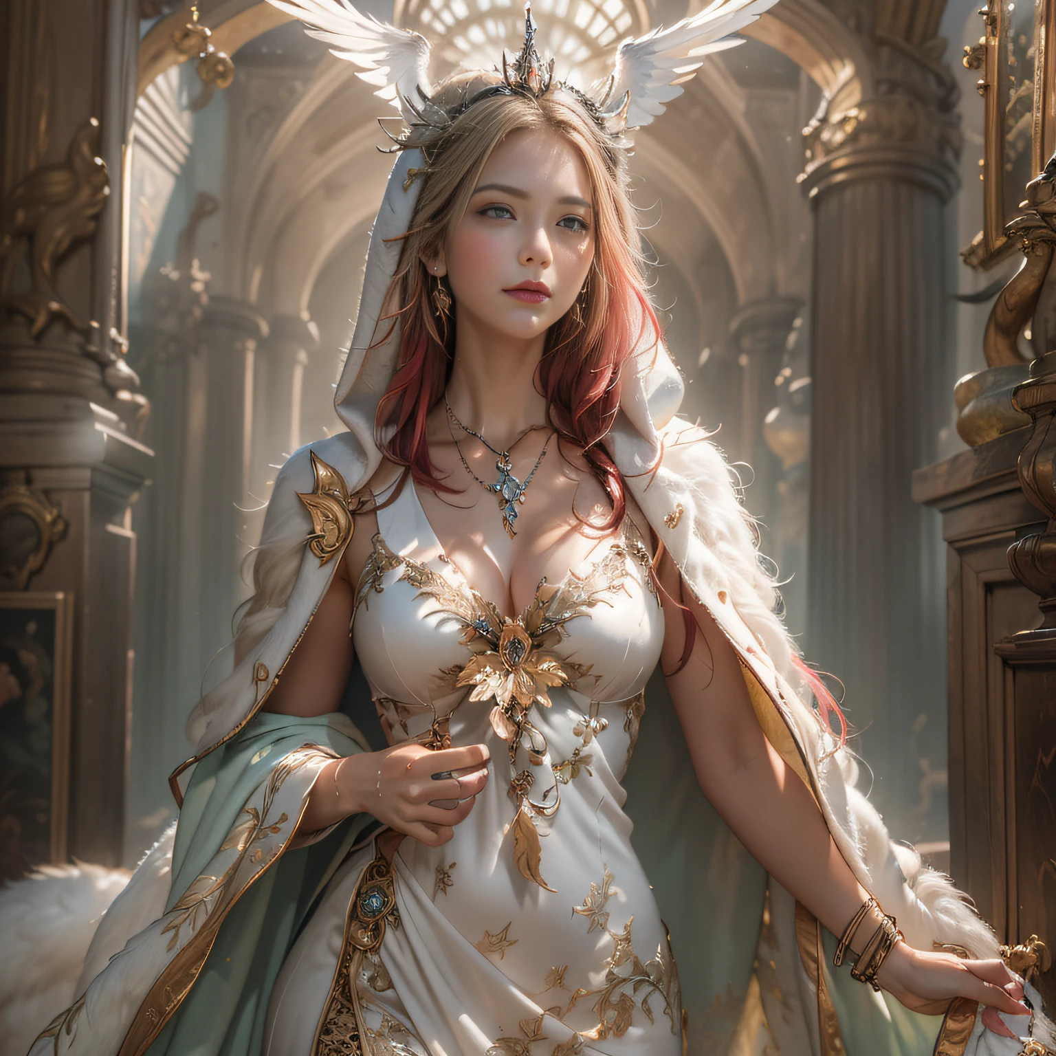 (Numerous award-winning masterpieces of, With incredible details, textures and maximum detail), (Ultra photo realsisim:1.4), (Realistic:1.3), (up of the upper body:0.3), (best quality real texture skin), (finely detailed true circle eyes), (A delicate and delicate beautiful face:1.6), ((medieval world)), (God of birth:1.4), (holy halo: 1.6), (full-body portraits:1.5), (Mother's warm eyes), (There was joy in her eyes,With a happy smile on his face: 1.3), (Beautiful eyes that sparkle), (full-body standing image:1.5), (Dramaticlight), (A majestic sight), Her expression was full of tenderness and beauty, (Divine Radiance Magic Array: 1.2), (large wings,There are beautiful white feathers behind the shoulders: 1.3), (Wear a white hooded robe with an elaborate pattern: 1.2), Folded wings, Earrings that exude the fragrance of divine craftsmanship, He was followed by the little angel, (((Dramatic photo))), (Sunrise), (Sunset), (Sunny), ((dramatic pose)), (flamboyant photo), (Golden hair), (Silver hair), (Maroon hair), ((head looking up)), ((Looking down)), (gives full-body standing image:1.5), (Around her neck is a simple necklace of exquisite workmanship), Old ruins infested with plants, great temple, great cathedral, great shrine, Temple ruins, detached temple, Ancient Castle Site, Deserted ruins, crumbling ruins, Ancient ruins with clear water, wavelets, Flowing water illuminates majestic clouds and skies, epic realistic, Faded, art, (greg rutkovsky:0.8), (Teal and orange:0.4), (Art Station:1.5), Cinematic, ((com cores neutras)), (hdr:1.5), (pastel colour:1.2), ultra - detailed, Dramaticlight, (Intricate details:1.1), the complex background,