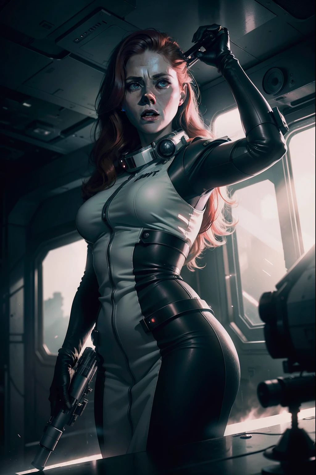 Hot terrified Amy Adams as a Scientist holding a sci fi blaster on Ishimura Horror Space Ship photography, natural light, photorealism, cinematic rendering, ray tracing, the highest quality, the highest detail, Cinematic, Third-Person View, Blur Effect, Long Exposure, 8K, Ultra-HD, Natural Lighting, Moody Lighting, Cinematic Lighting