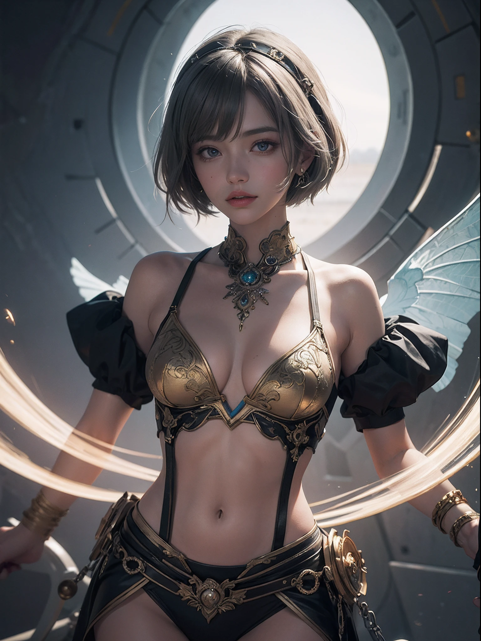 Unbeatable masterpiece, Ultra photo realsisim, Perfect artwork, Intricate details, Best quality, Strong light,High contrast, Dynamic pose,(Masterpiece, Best picture quality), Cyberpunk, Girl, French bangs, ((Metal and transparent housing | Splicing robot)), Clear belly:1.1, Metal spine:1.2, (Cyber| bodypaint), Aircraft background, Dynamic perspective
