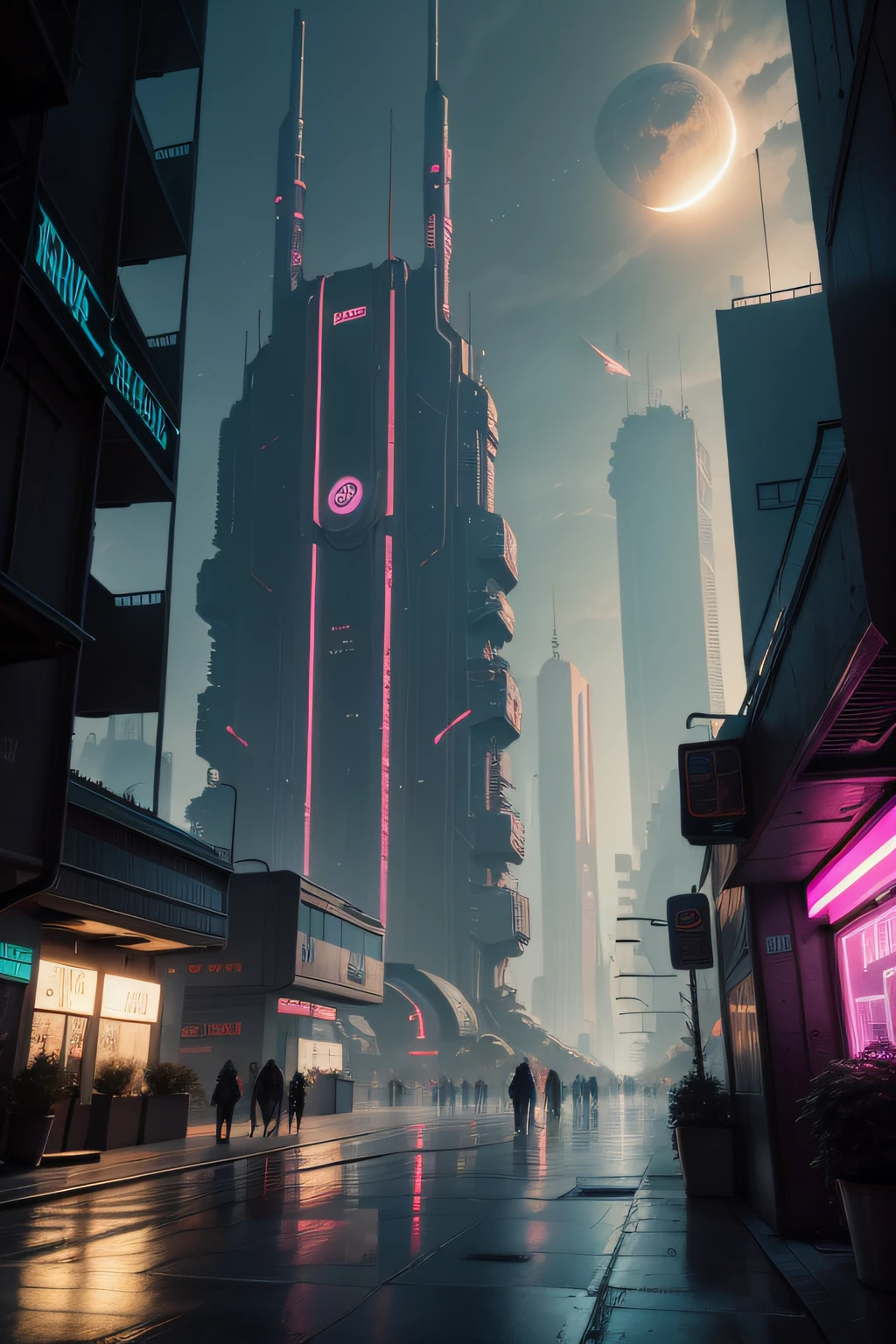 Sci-fi,cyberpunk Stadt im Hintergrund steht ein mond