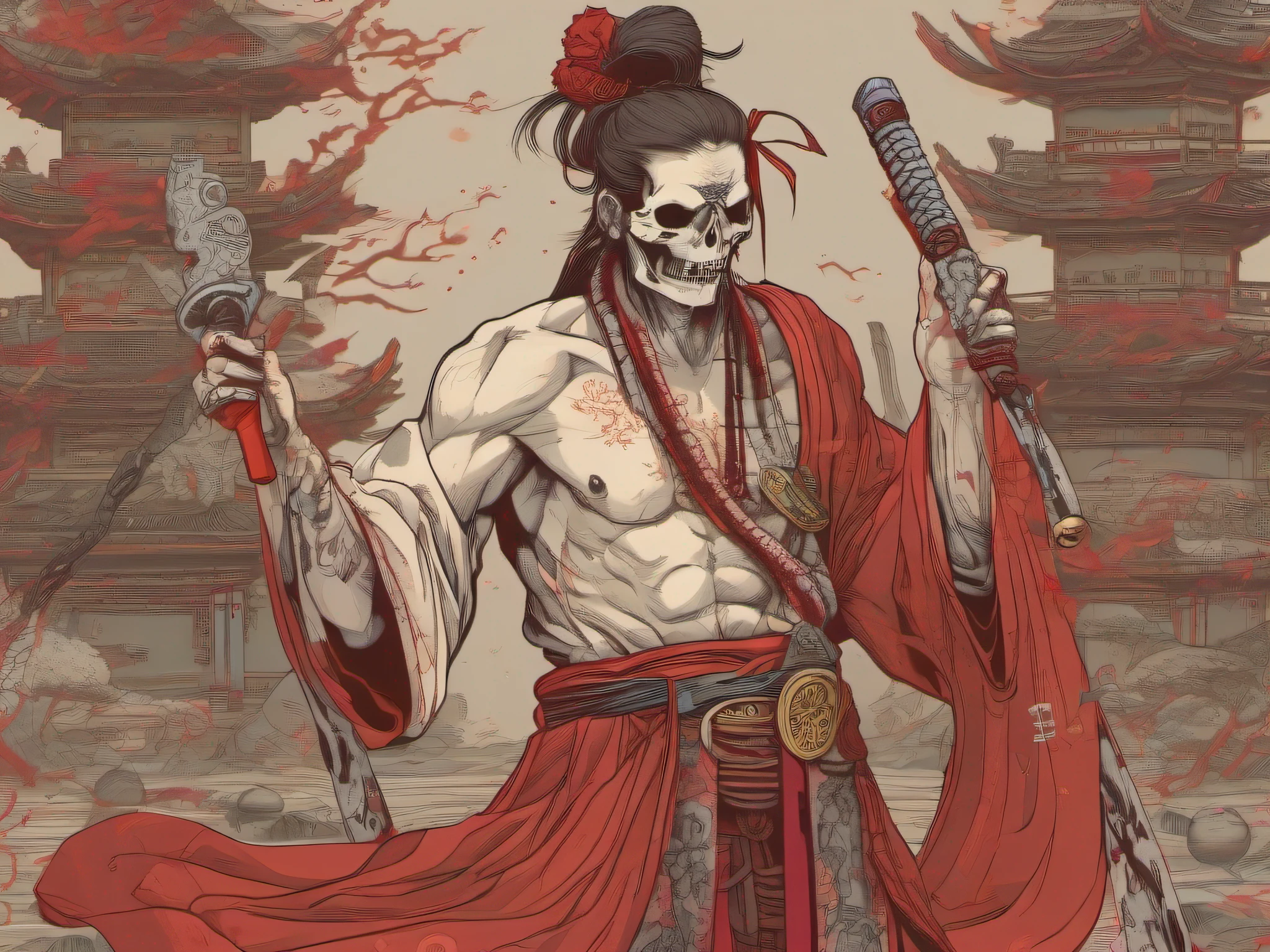 A 30-year-old man with a copper coin mask on his face and a Taoist robe stained red with blood on his body,Carrying a sword made of human backbone, the hilt of the sword is a skull,Holding a sword made of copper money in his hand, strange tentacles sticking out from his body and waving them everywhere,Each tentacle also holds a Taoist instrument and torture instrument