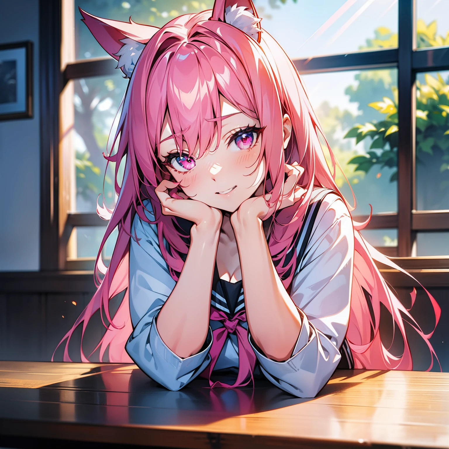 long pink hair, fox pink ears,pink eyes,There is a strong feeling of freshness and freshness,Girl with,((serafuku)), hands on the face, Leaning over the table, Resting your elbows on the table, classroom, sunlight rays, Window, See the beholder, Toothy smile, I see the cleavage:1.2, Best Quality,Ultra-detailed, High Resolution, extremely detailed CG, Unity 8k壁纸, official arts, Production art, novel illustration, by famous artist, caustics, textile shading, super detailed skin, perfect anatomy, Detailed, Cinematic lighting, dinamic lighting, beautiful detail eyes, (topquality), (ultra-detailliert), (Piece masuter), (hight resolution), (Original), Character design, game cg, detailed manga illustration, Realistic head-to-body ratio:1.2