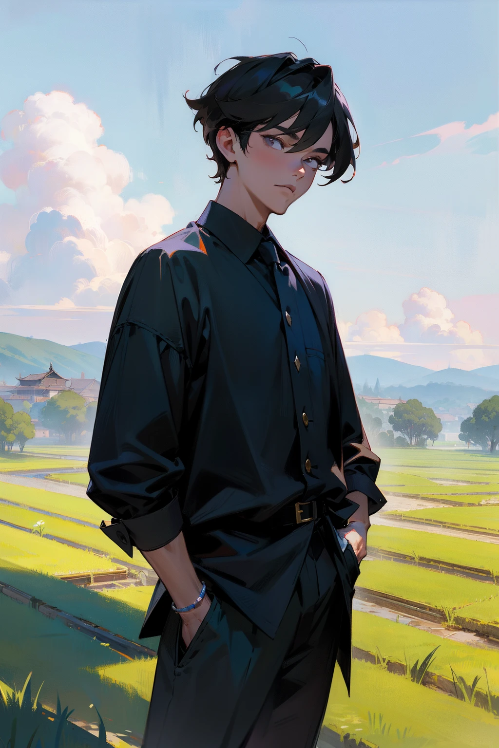 tmasterpiece,Need,?????? boy,Extremely handsome,Need,Black shirt，super-fine,Need,Need,with short black hair,short detailed hair,Lunette de soleil，Male celebrities，A high resolution,Need,?????? boy,Need,illustratio, hand on pockets，looking at viewert，college aged，blue-sky，baiyun，ricefield，straw，canvas, oil painted, Realistic, Realist,Real,