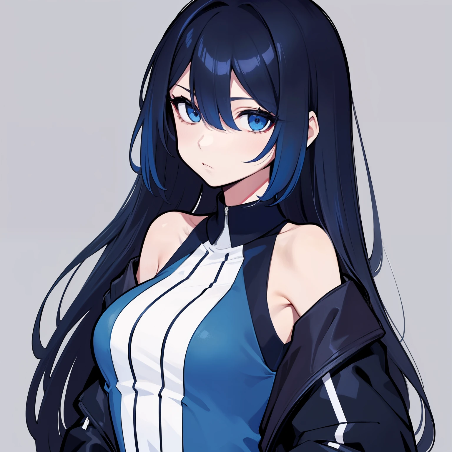 Handsome woman，cabelos preto e longos，Long straight hair，Qi bangs，blue color eyes，Long jacket，sleeveless tops，Shoulders exposed，The upper part of the body，simple backgound