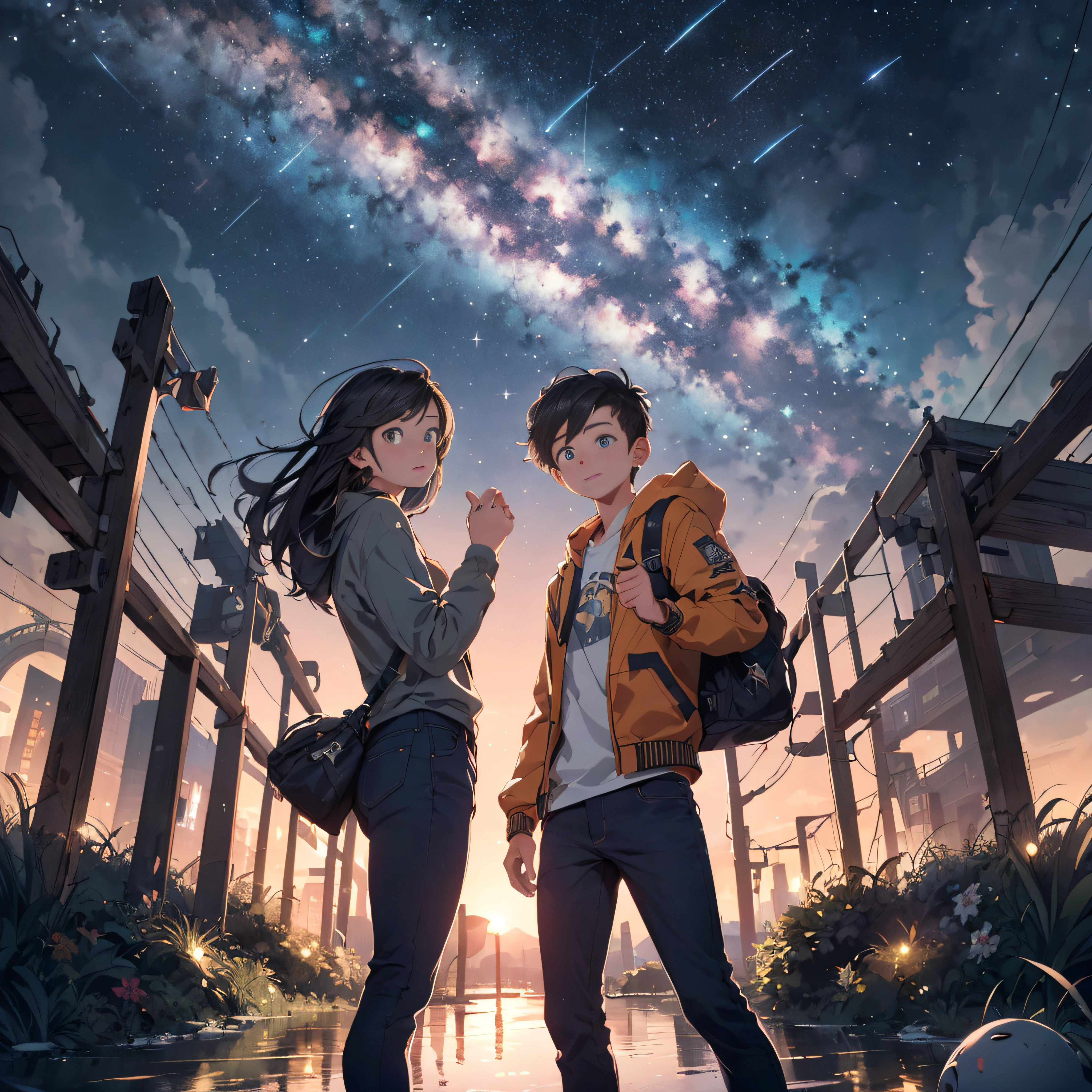 ((Best Quality, 8K, Masterpiece: 1.5)), landscape, wide, morning shoot, star trail, slow speed, standing young man with black hair, black jeans, look at the stars, amazing scenery, hundreds of stars forming a circle, light waves, in the center of cyborg city, magic in hands, reflection, eye catching.