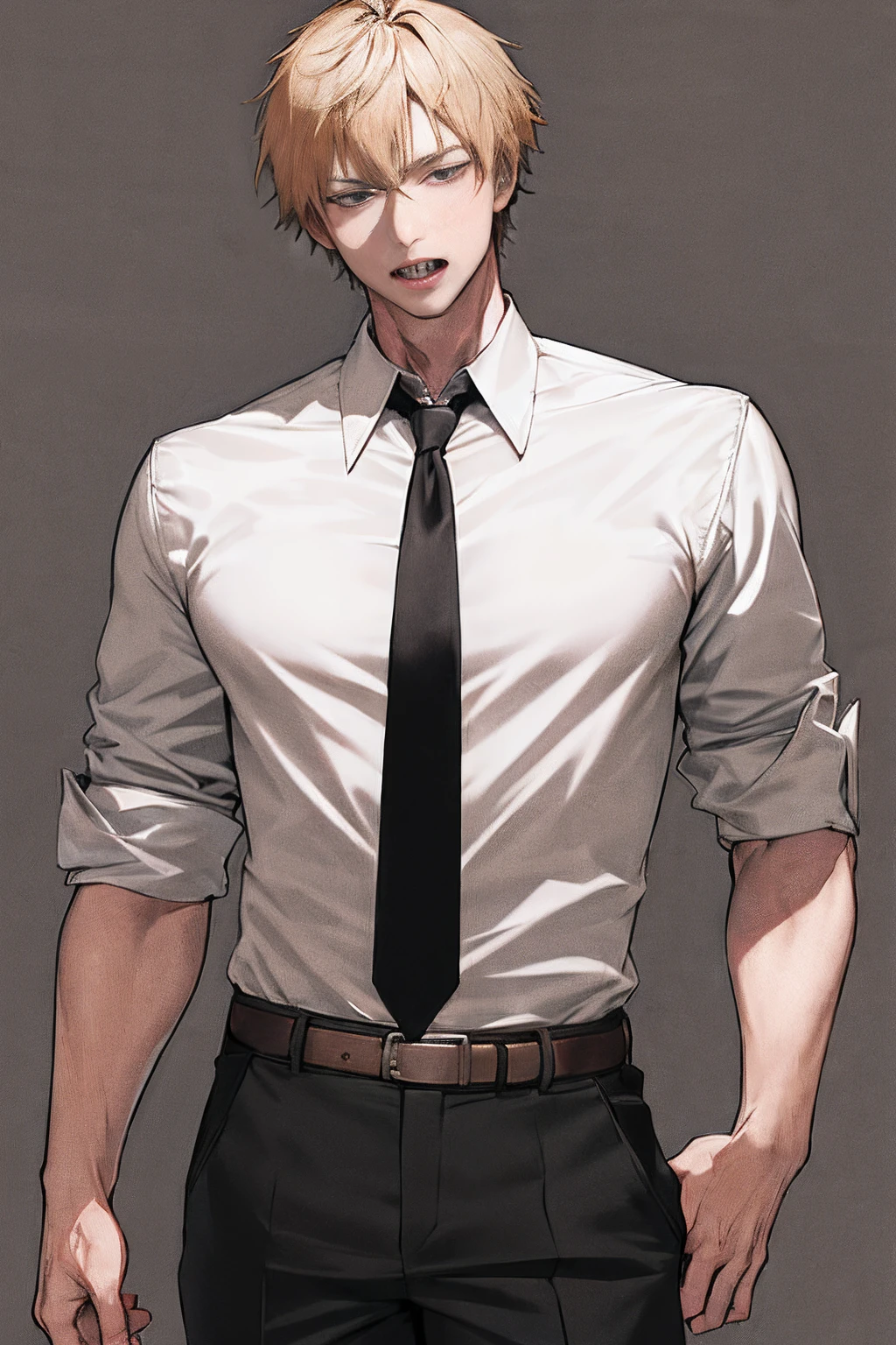 masterpiece, best quality, highres, dja, black necktie, white shirt, collared shirt, sleevesa rolled up, black pants, belt, short hair, cowboy shot, sharp teeth,