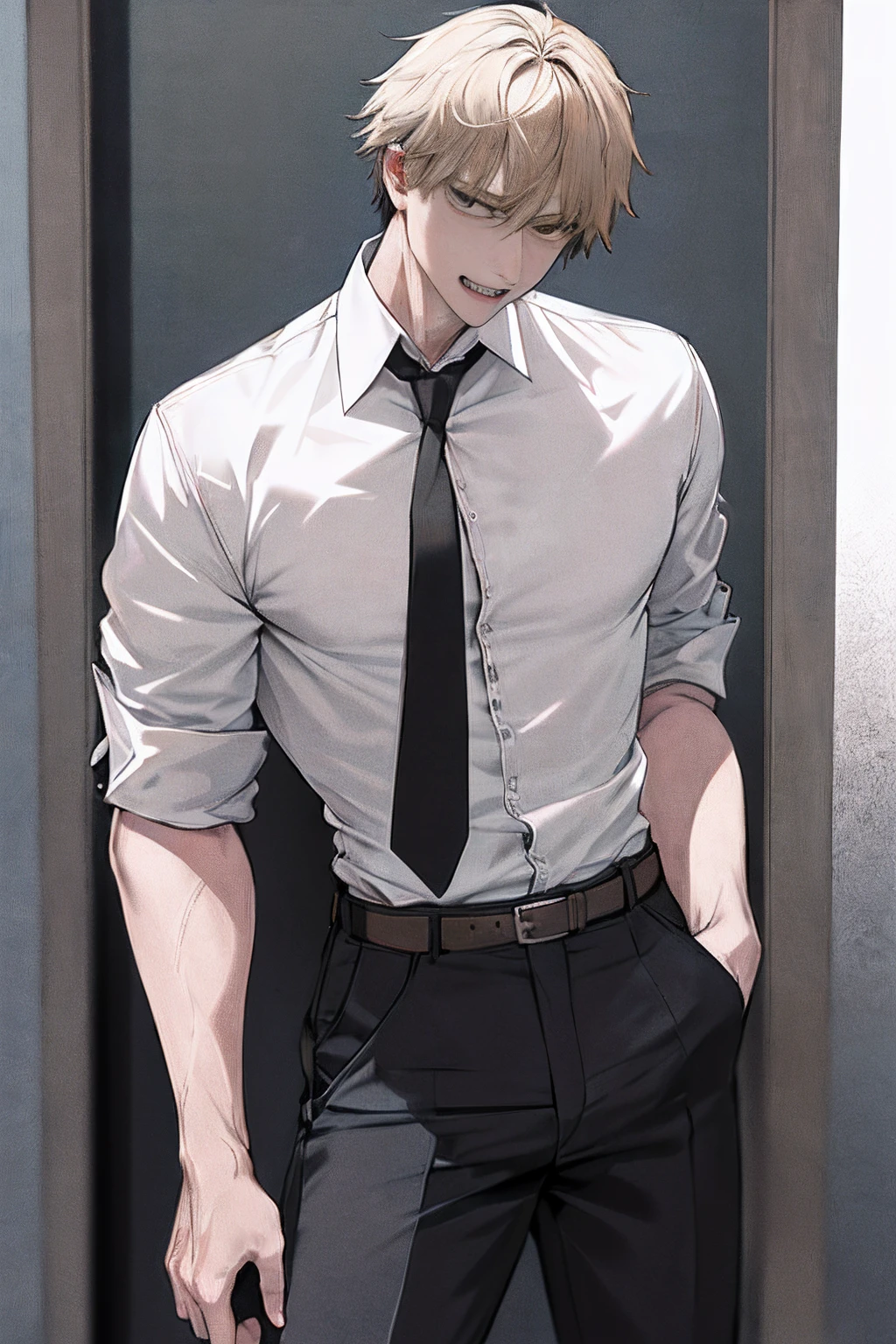 masterpiece, best quality, highres, dja, black necktie, white shirt, collared shirt, sleevesa rolled up, black pants, belt, short hair, cowboy shot, sharp teeth,