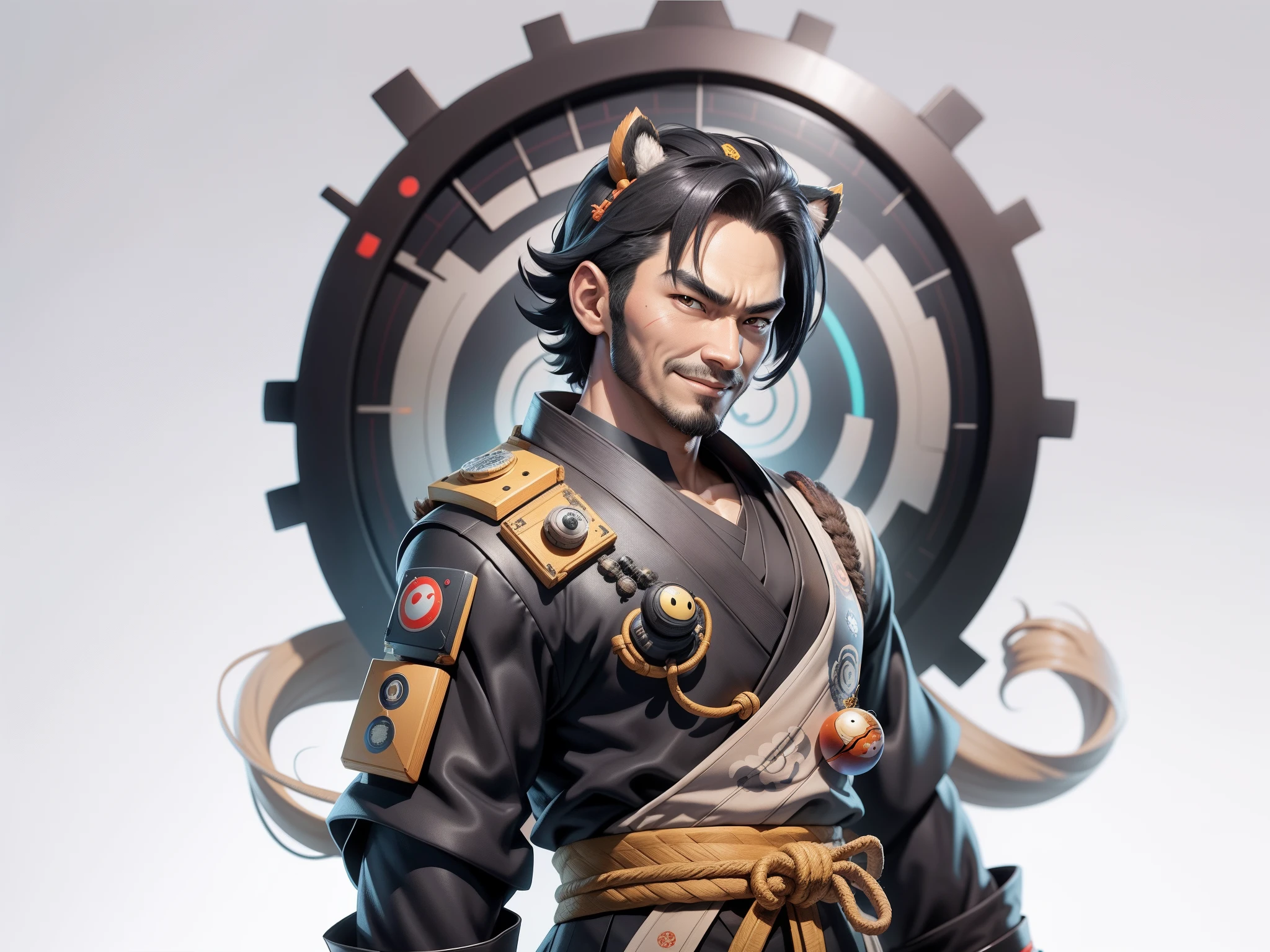 (Daisaku),(Need),(Super meticulous),(full bodyesbian:1.2),Super young man with Japanese geisha,Beautiful,orient,one tiger,Aeolian Thor,Raised sexy,爆乳,Oriental face,TV Anchor,Bust portrait illustration,In black suit,a blue tie,The face is slightly chubby,The face was clean,without a beard,Black super short hair,Black eyes,Smile confidently,3C computer sub-products,iPad, iphone,Digital painting,3D character design by Mark Clairen and Pixar and Hayao Miyazaki and Akira Toriyama,The illustration is a high-definition illustration in 4K resolution,With very detailed facial features and cartoon-style visuals。