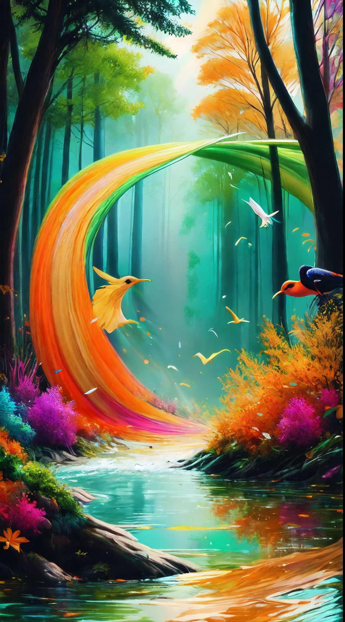 abstract art, colourful, vibrant colour, rainbow, spilled paint, art, painting, trees, bird, water, mixed colours, beautiful, abstract, illustration, fantasy, forest, green and orange theme