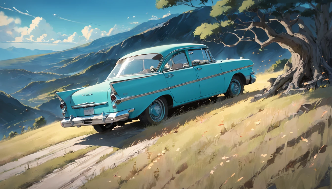 Create a compelling story that revolves around an old car parked on a rolling hill, Old Car, Weathered by time, Looking up at the starry sky. Interweave the surrounding landscape in detail, Pine aroma, (cyan colors、First made in the USA、Very old antique car), And calm deserts, exposure blend, medium shot, Bokeh, (nffsw:1.4), High contrast, (Cinematic, Orange and white film), (Muted colors, dim colors, Soothing tones:1.3),
Low saturation, (hyperdetails:1.2), (Noir:0.4).