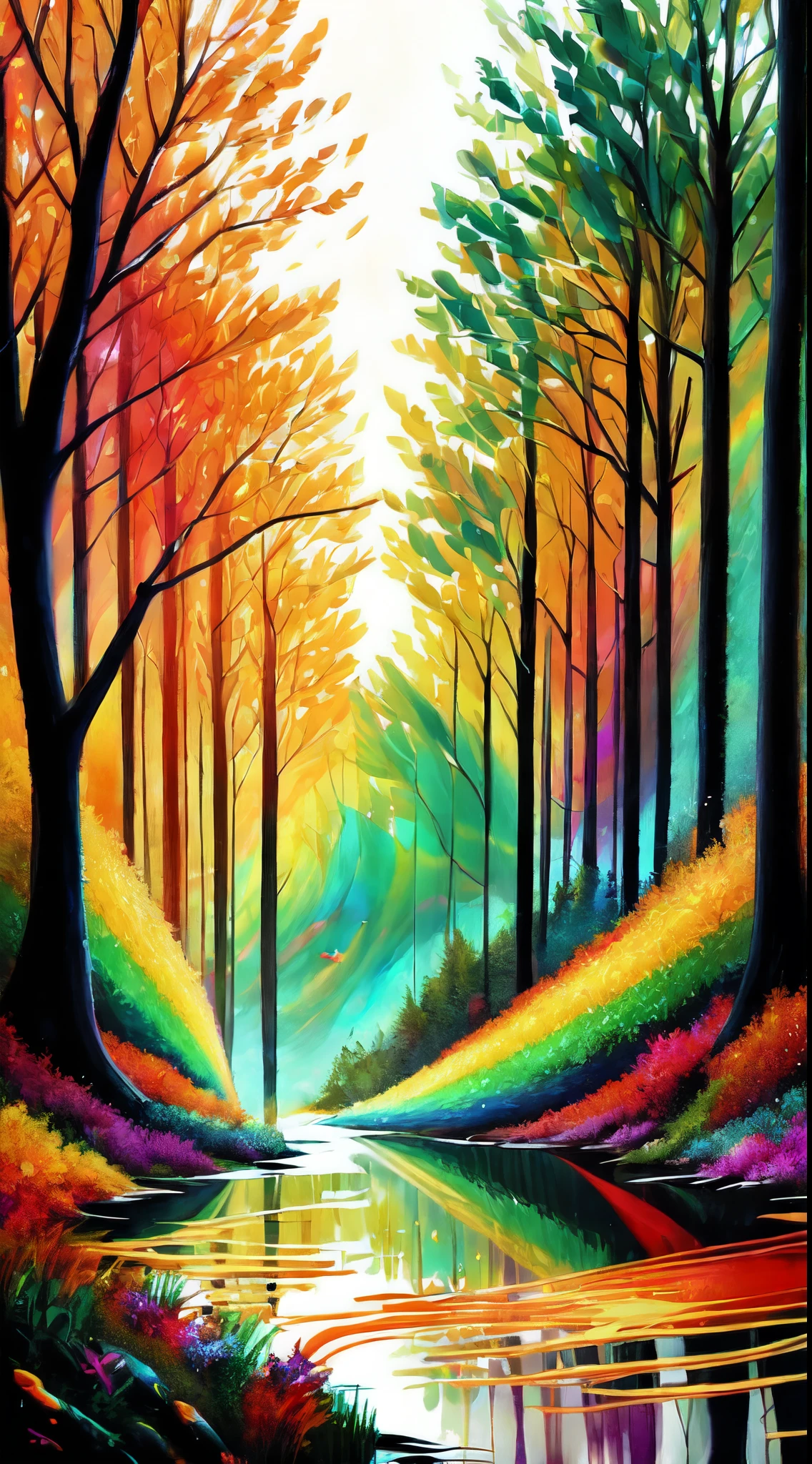 abstract art, colourful, vibrant colour, rainbow, spilled paint, art, painting, trees, bird, water, mixed colours, beautiful, abstract, illustration, fantasy, forest, green and orange theme