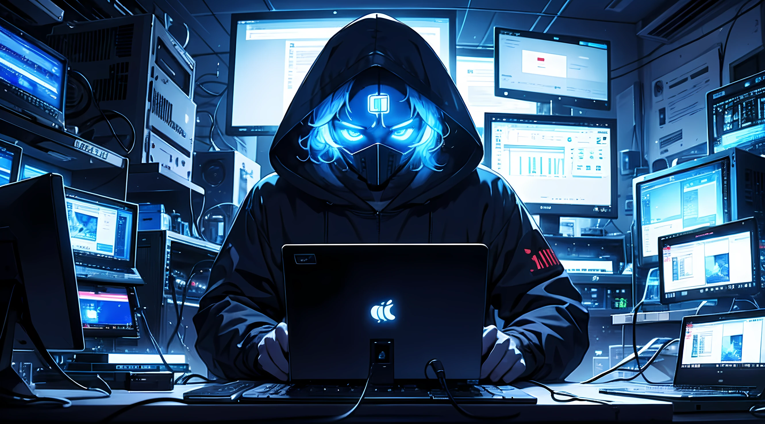 dark, Countless computer screens with power supply, cords which are stretched around,  PC with a broken screen, A group of suspiciously glowing screens, battered, Faceless Man in Hood,
