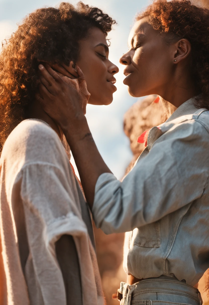 a photo of two women (((sucking the same dick))), ((2girls)), one woman is black and the other is white with freckles, (detailed faces)