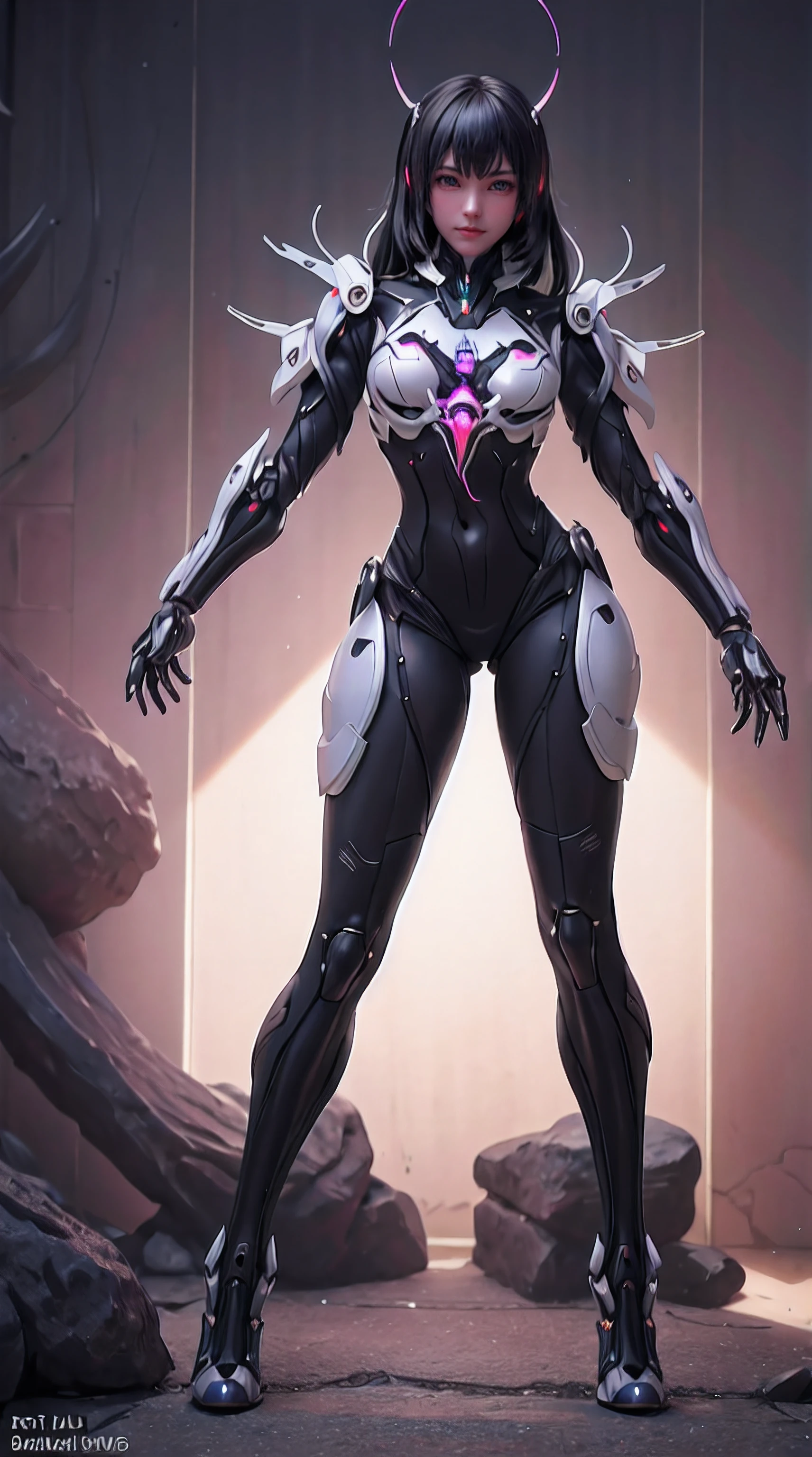 full body,solo,[:(black background:1.5):90],Gradient background,1mechanical girl,(1kaijin:1.2),curvy,machine made joints,machanical limbs,blood vessels connected to tubes,mechanical vertebra attaching to back,mechanical cervial attaching to neck,lights on armor,mecha headglass,Luminous Arms,laser eyes,expressionless,glowing skin,dynamic angle,
(colorful:1.2),outline,watercolor,hdr,ray tracing,nvidia rtx,subsurface scattering,pbr texturing,post-processing,anisotropic filtering,depth of field,maximum clarity and sharpness,16k raw,luminescent particles,cinematic lighting,lens flare,dramatic_shadow,fantasy,chromatic aberration, intricate details,ultra high res,(photorealistic:1.4),dramatic lighting,